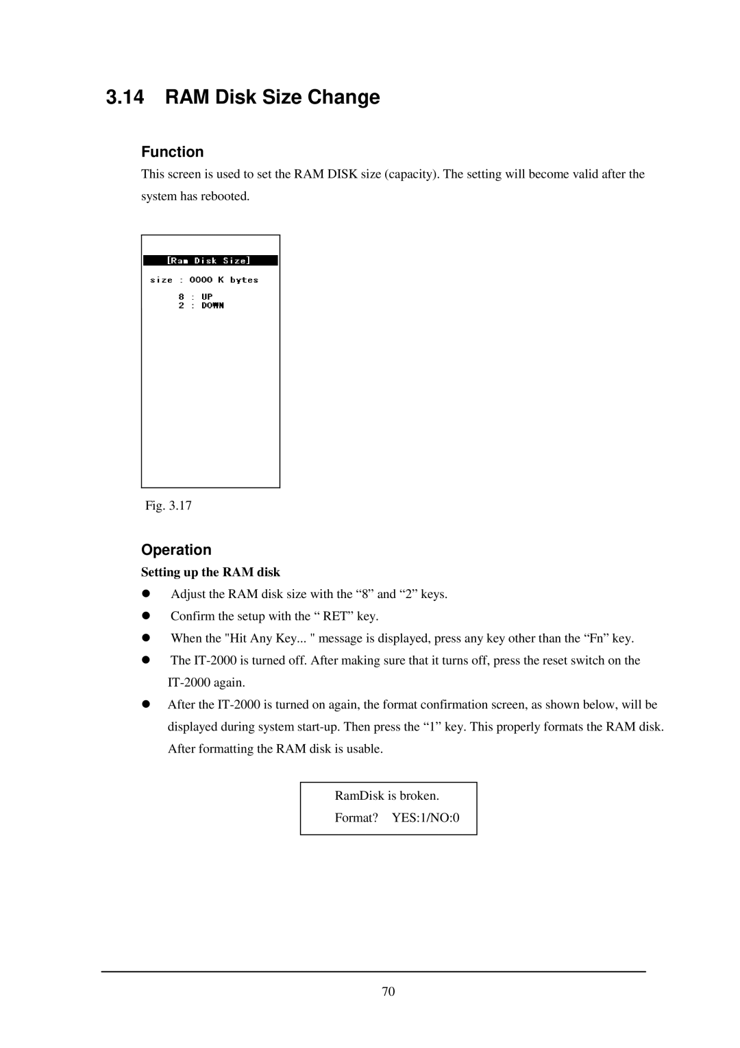 Casio IT-2000W manual RAM Disk Size Change, Setting up the RAM disk 