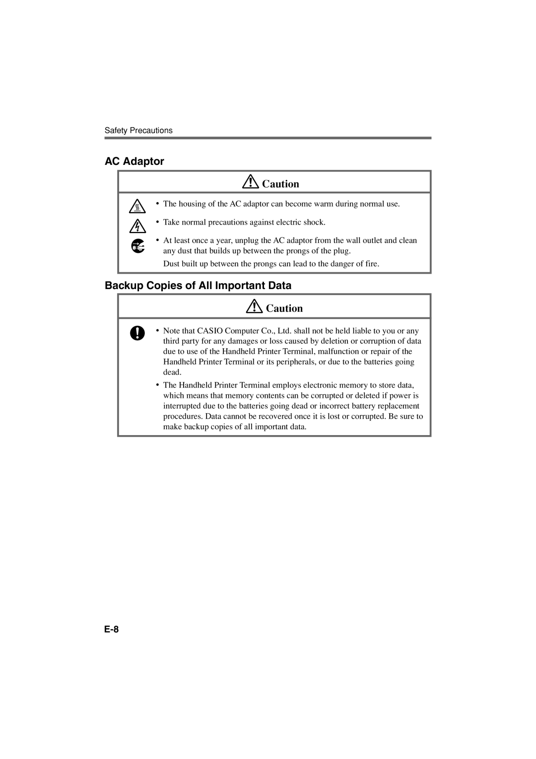 Casio IT-3000 manual AC Adaptor, Backup Copies of All Important Data 