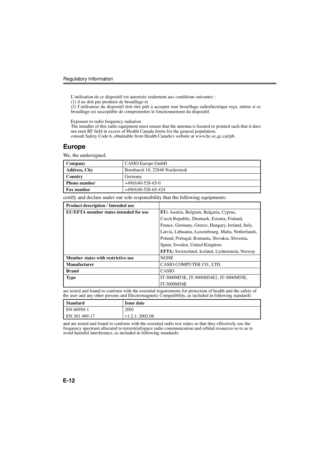 Casio IT-3000 manual Europe, Regulatory Information 