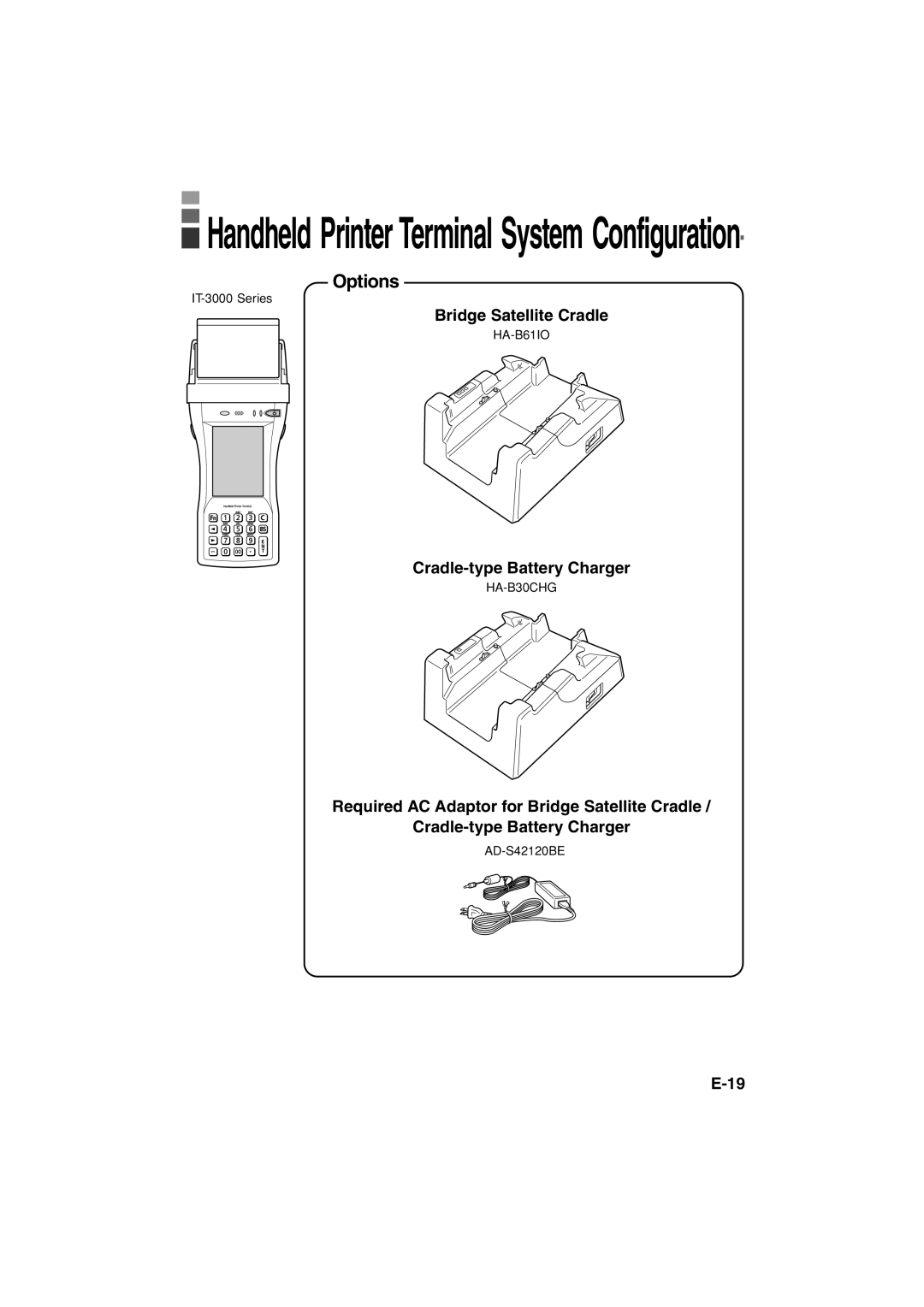 Casio IT-3000 manual Options, Bridge Satellite Cradle, Cradle-type Battery Charger 