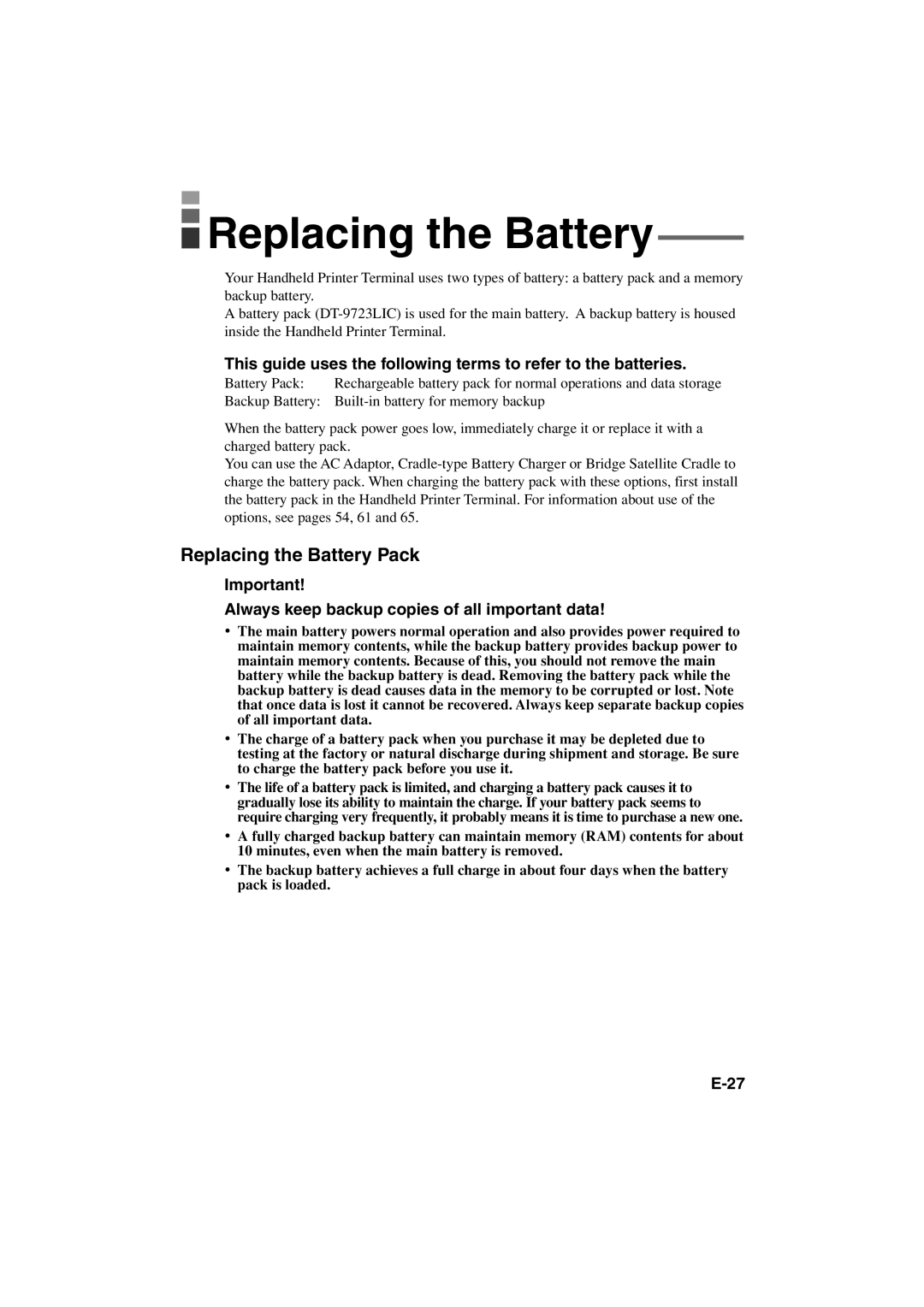 Casio IT-3000 manual Replacing the Battery Pack, Always keep backup copies of all important data 