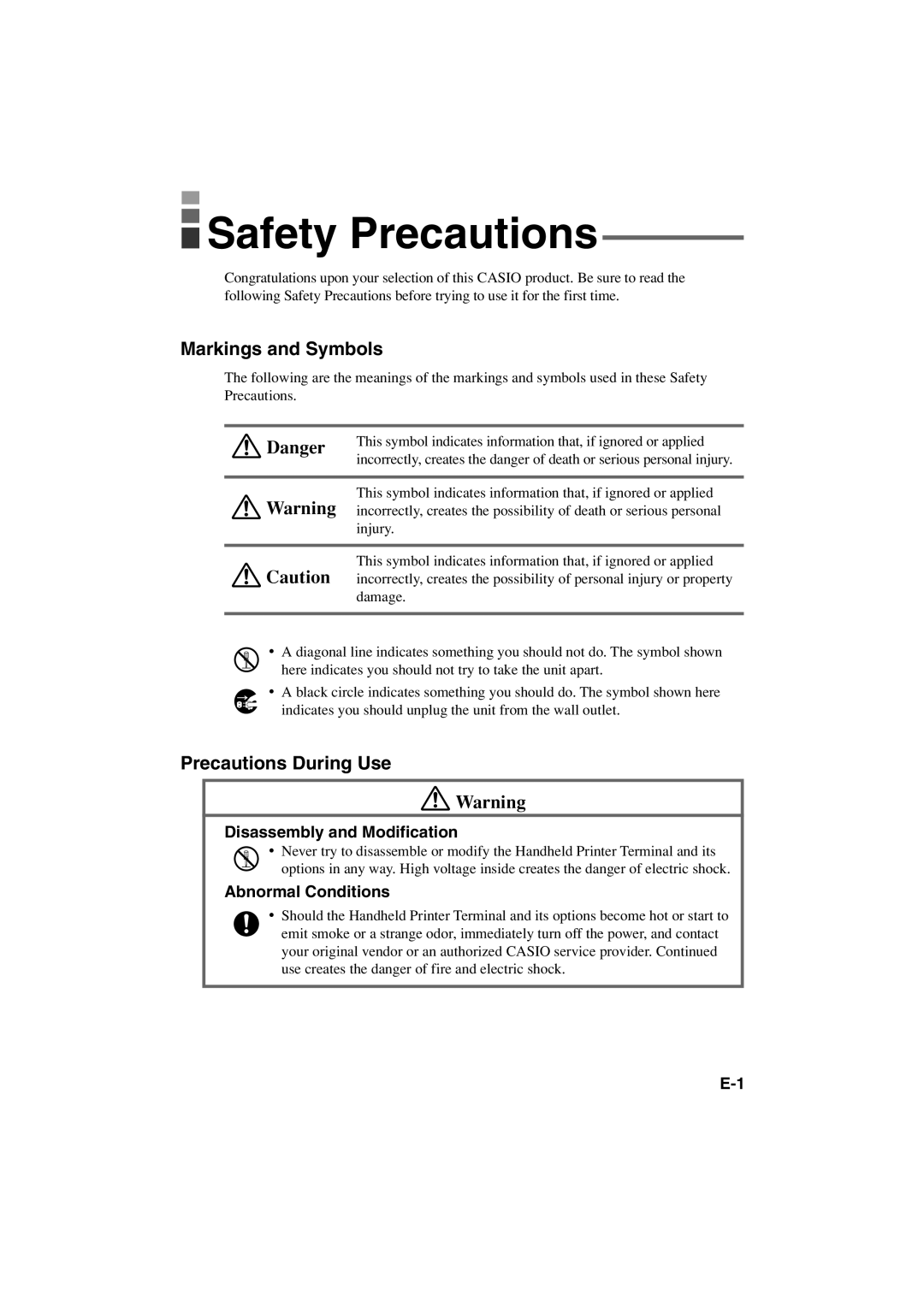 Casio IT-3000 manual Safety Precautions, Markings and Symbols, Precautions During Use, Disassembly and Modification 