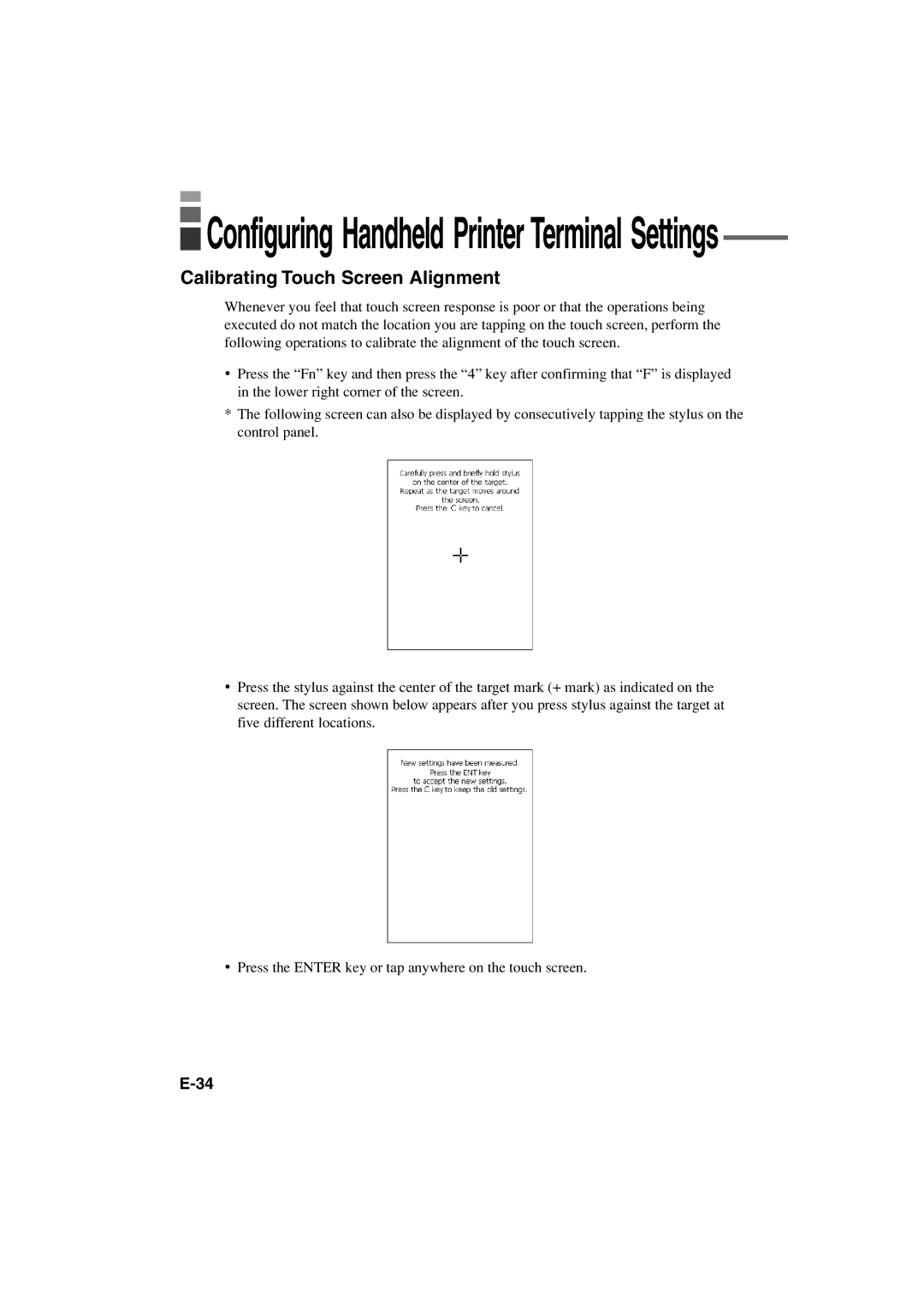 Casio IT-3000 manual Configuring Handheld Printer Terminal Settings, Calibrating Touch Screen Alignment 