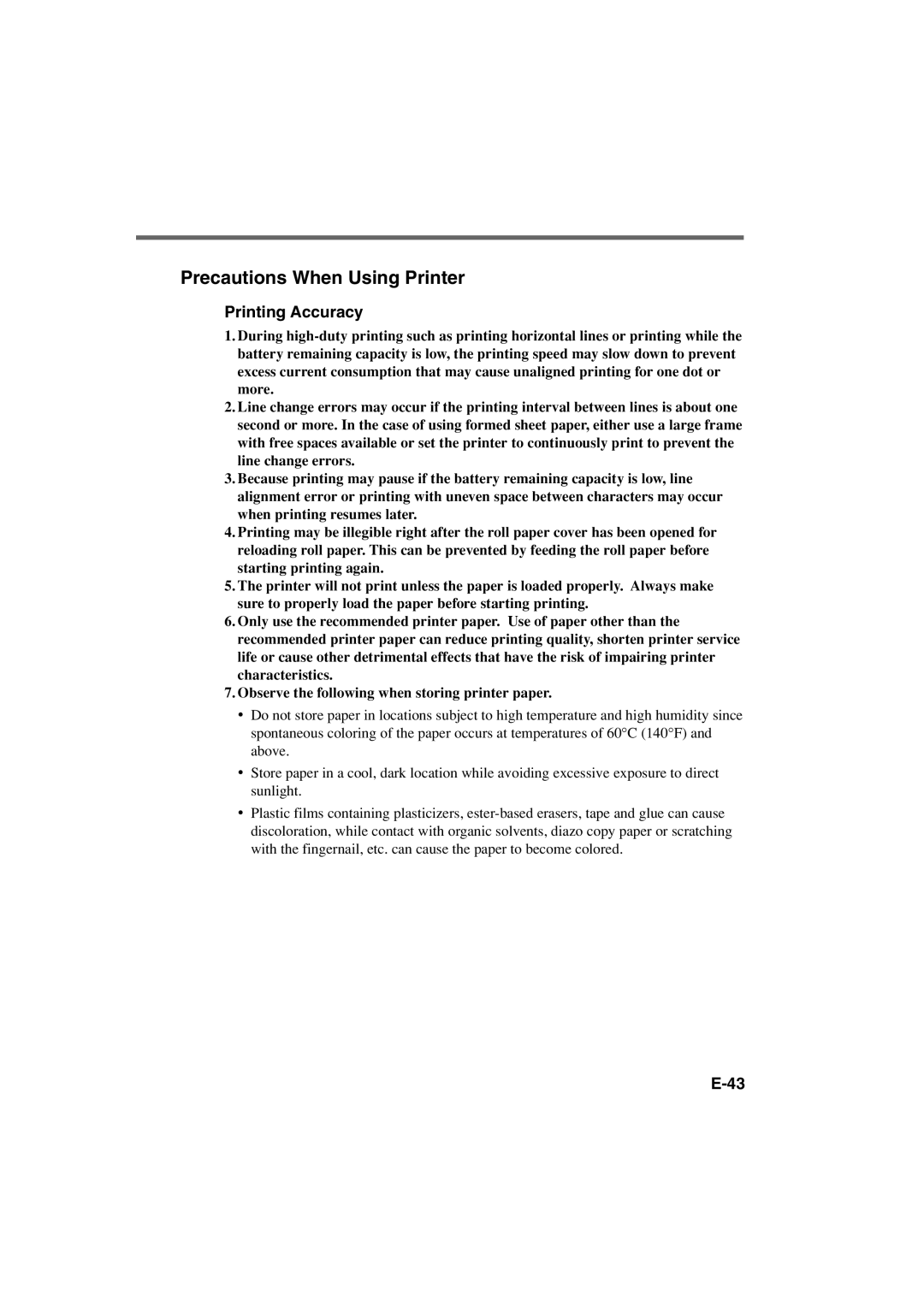 Casio IT-3000 manual Precautions When Using Printer, Printing Accuracy 