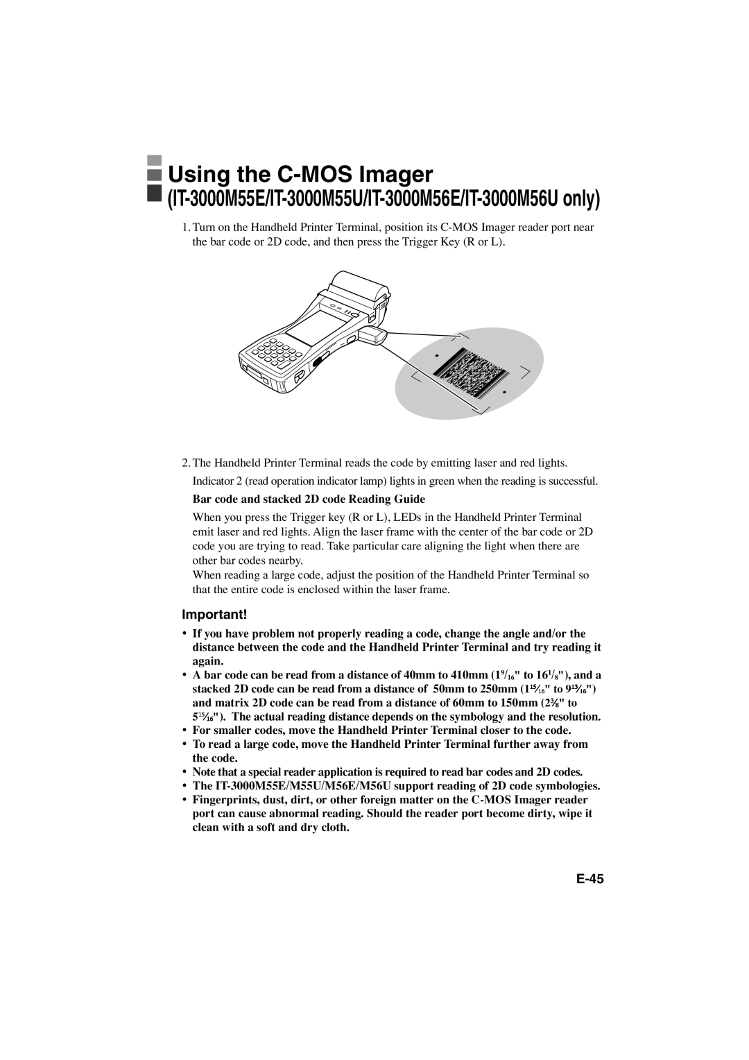 Casio IT-3000 manual Bar code and stacked 2D code Reading Guide 