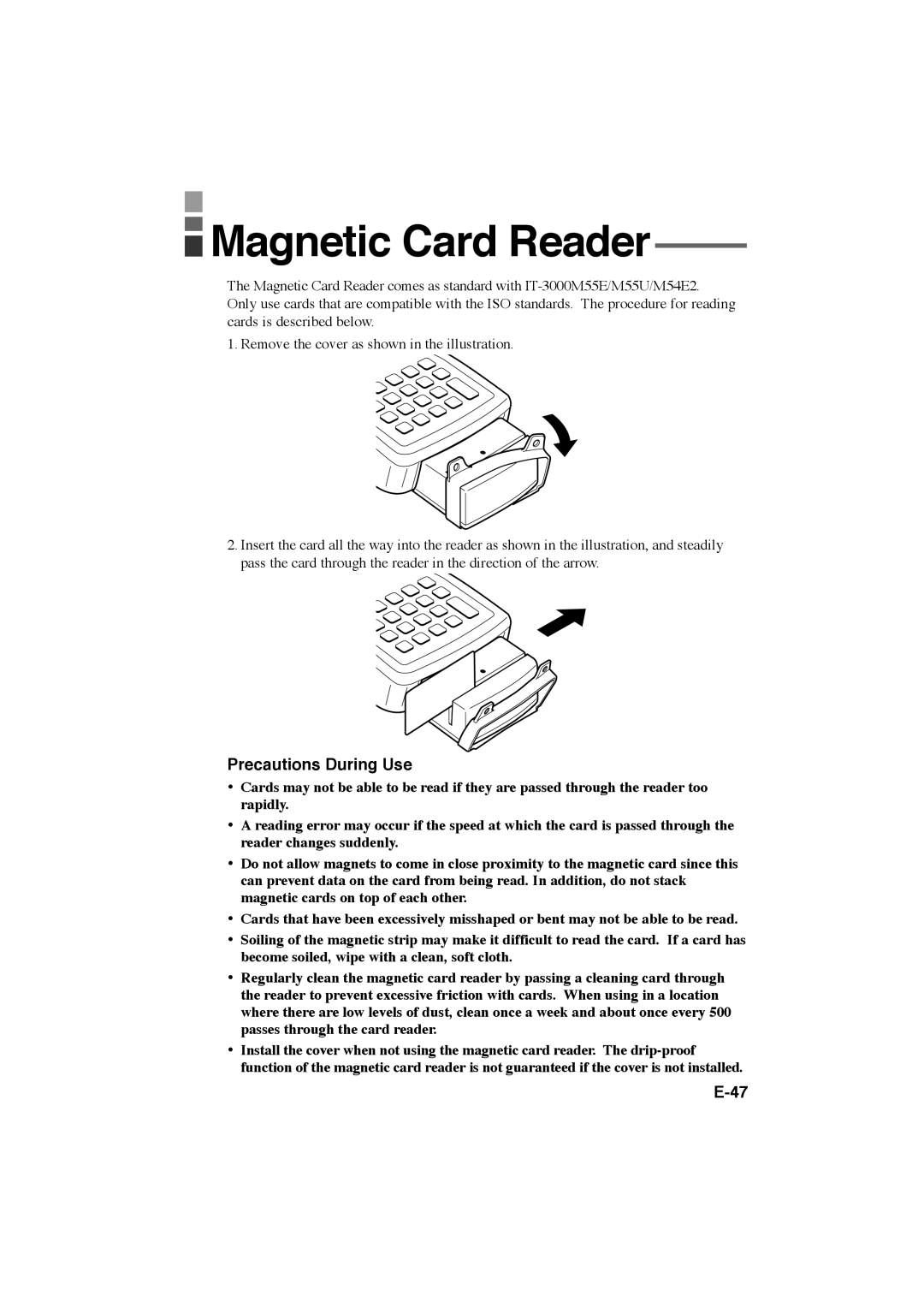 Casio IT-3000 manual Magnetic Card Reader, Precautions During Use 