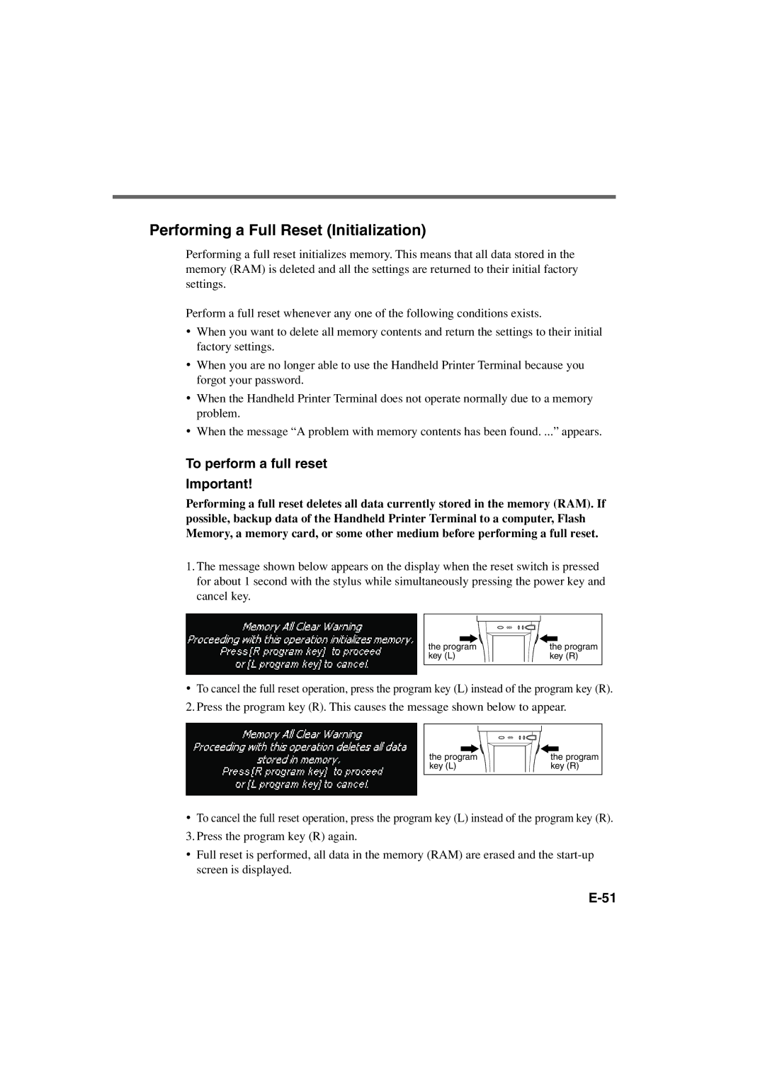 Casio IT-3000 manual Performing a Full Reset Initialization, To perform a full reset 