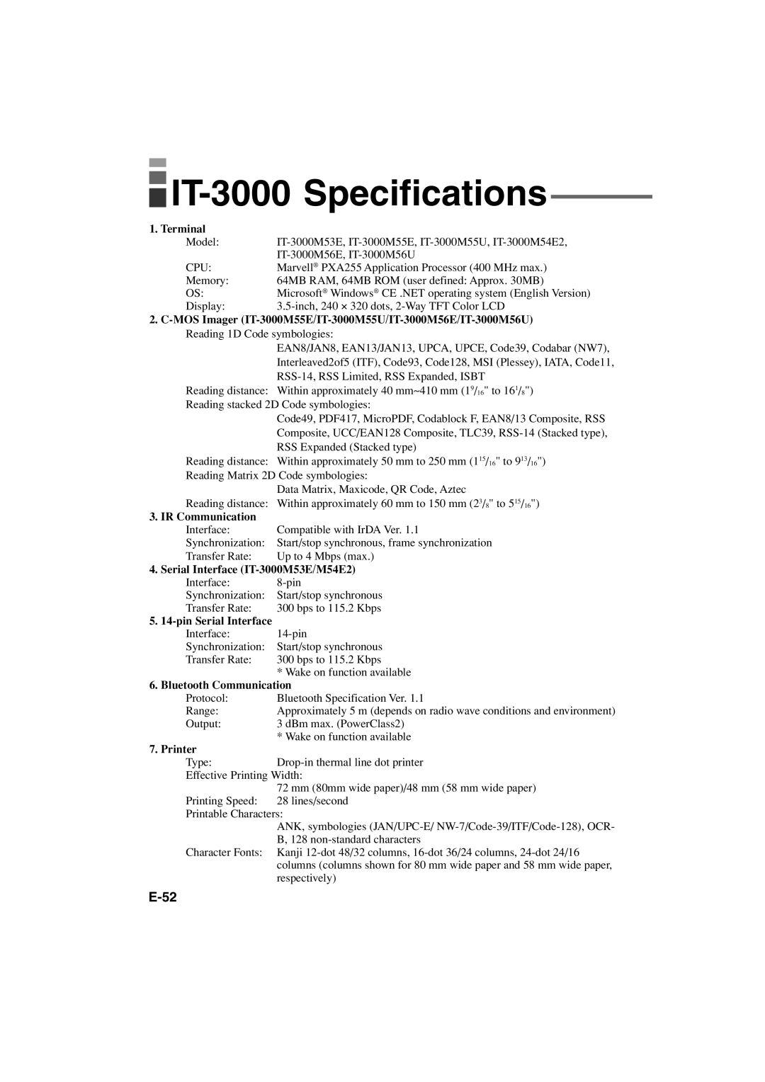 Casio manual IT-3000 Specifications, Terminal 