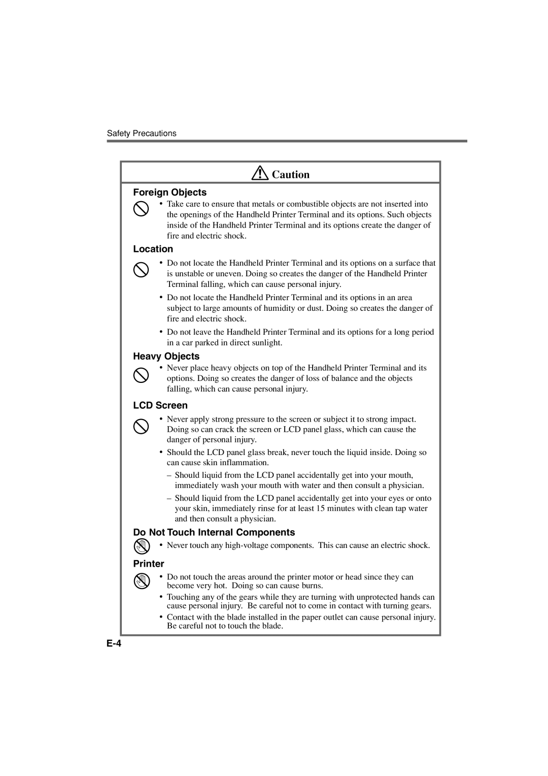 Casio IT-3000 manual Location, Heavy Objects, LCD Screen, Do Not Touch Internal Components, Printer 