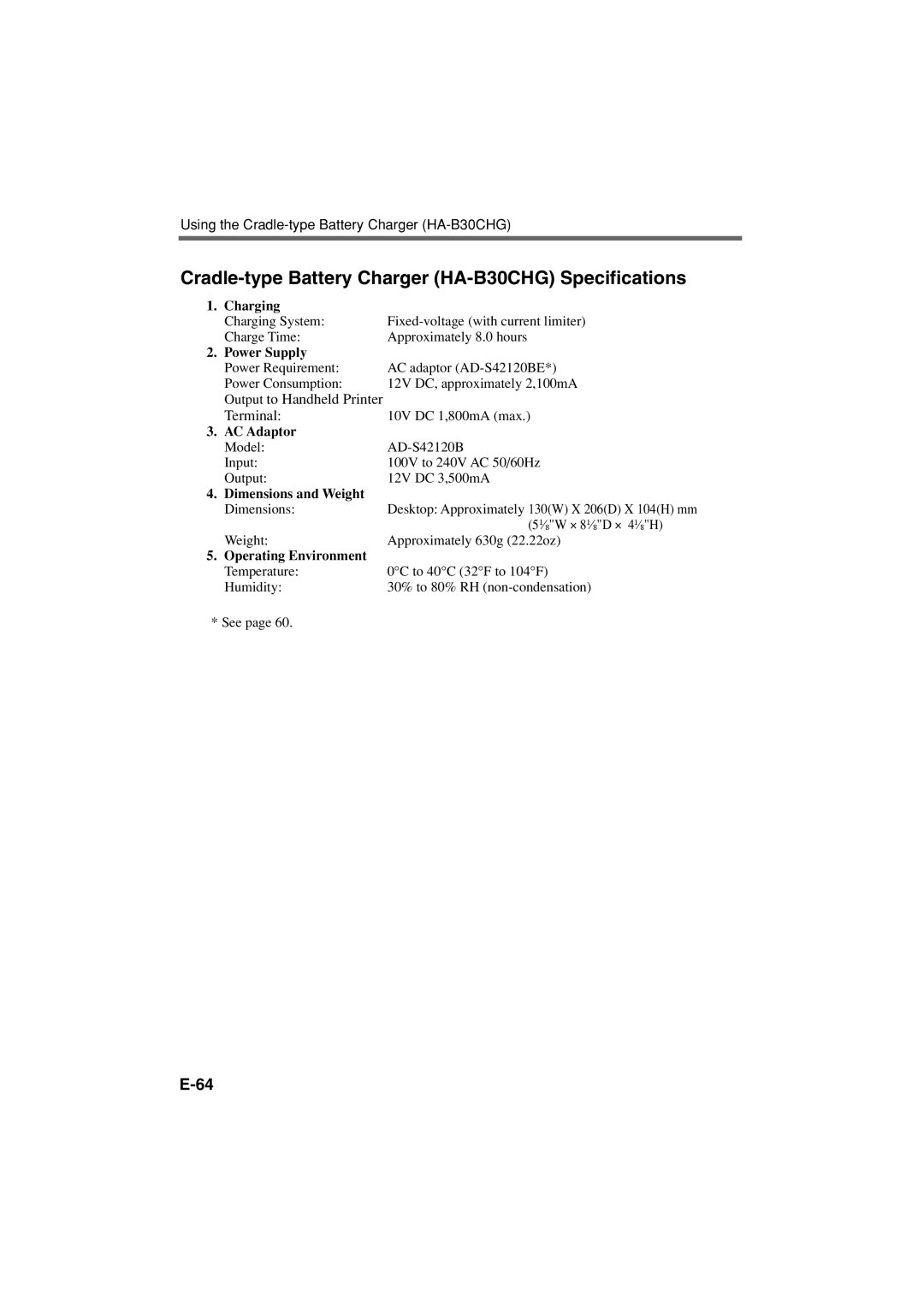 Casio IT-3000 manual Cradle-type Battery Charger HA-B30CHG Specifications 