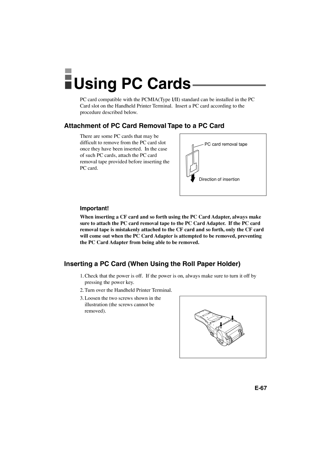 Casio IT-3000 manual Using PC Cards, Attachment of PC Card Removal Tape to a PC Card 