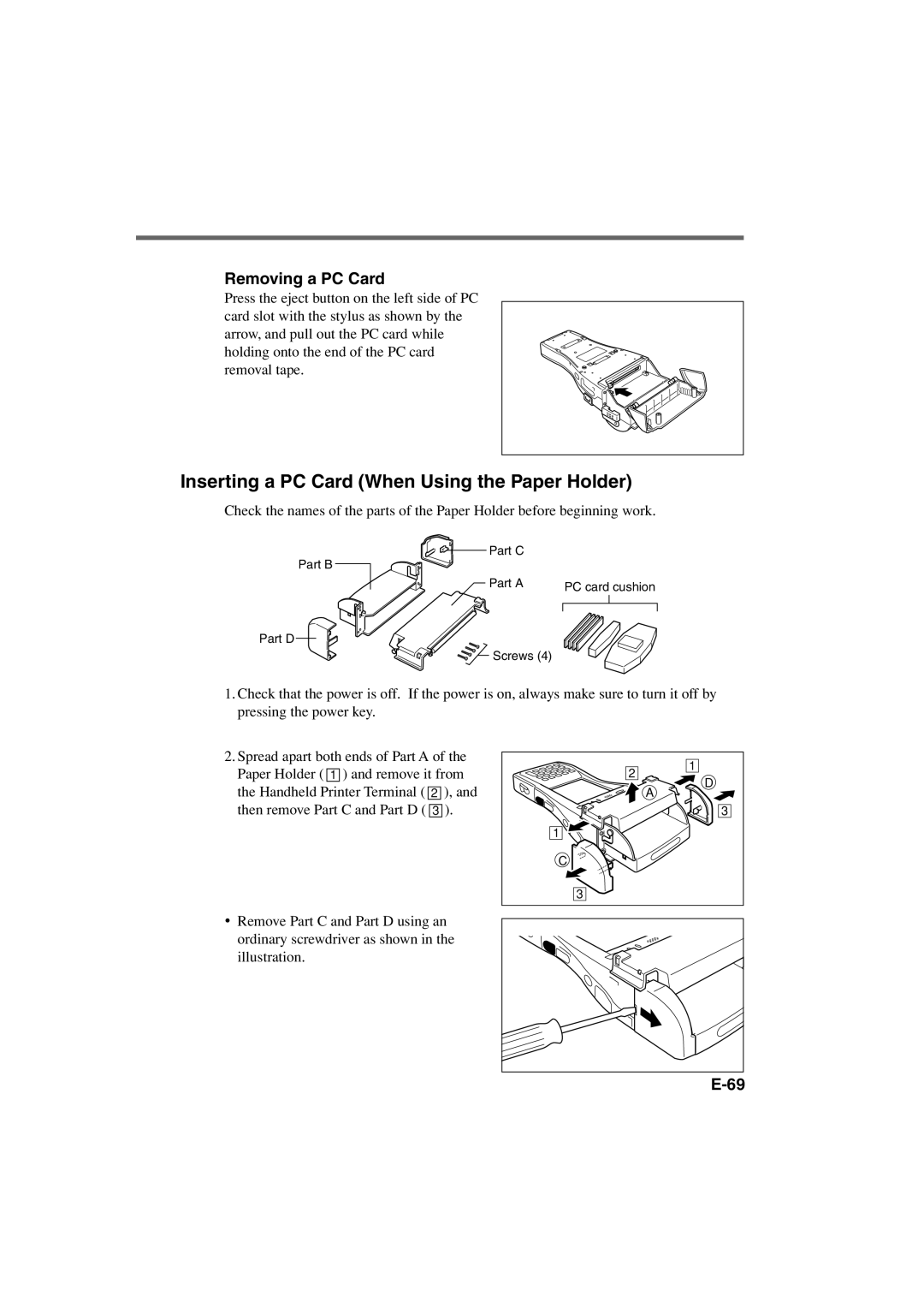 Casio IT-3000 manual Inserting a PC Card When Using the Paper Holder, Removing a PC Card 