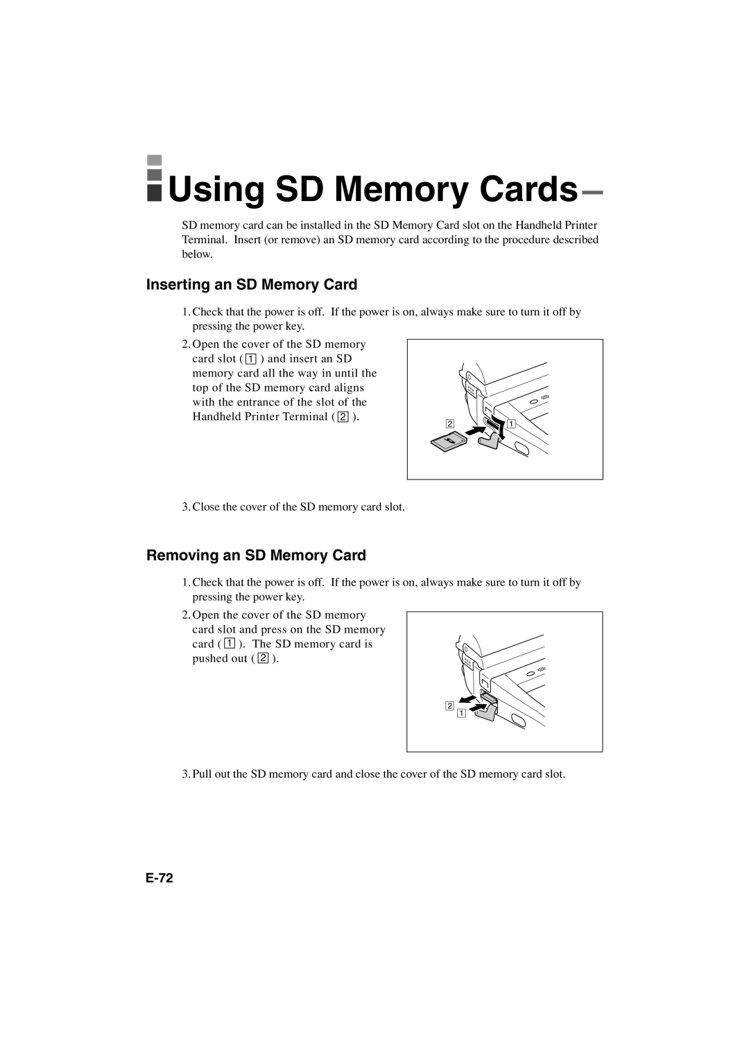 Casio IT-3000 manual Using SD Memory Cards, Inserting an SD Memory Card, Removing an SD Memory Card 