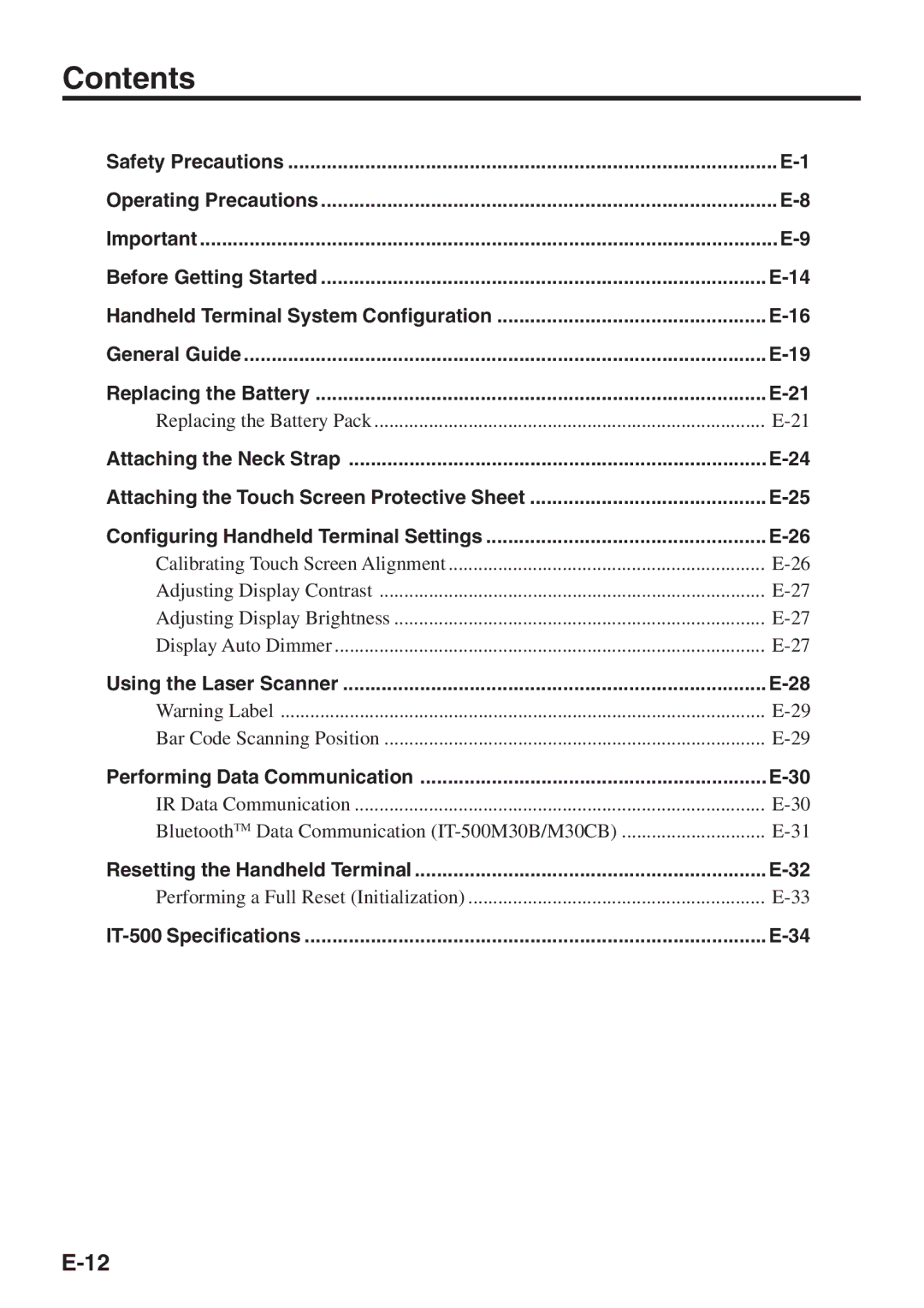 Casio IT-500 manual Contents 