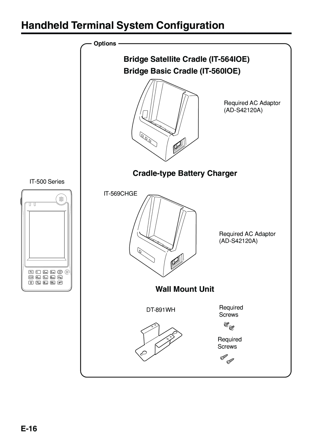 Casio IT-500 manual Handheld Terminal System Configuration, Cradle-type Battery Charger, Wall Mount Unit 