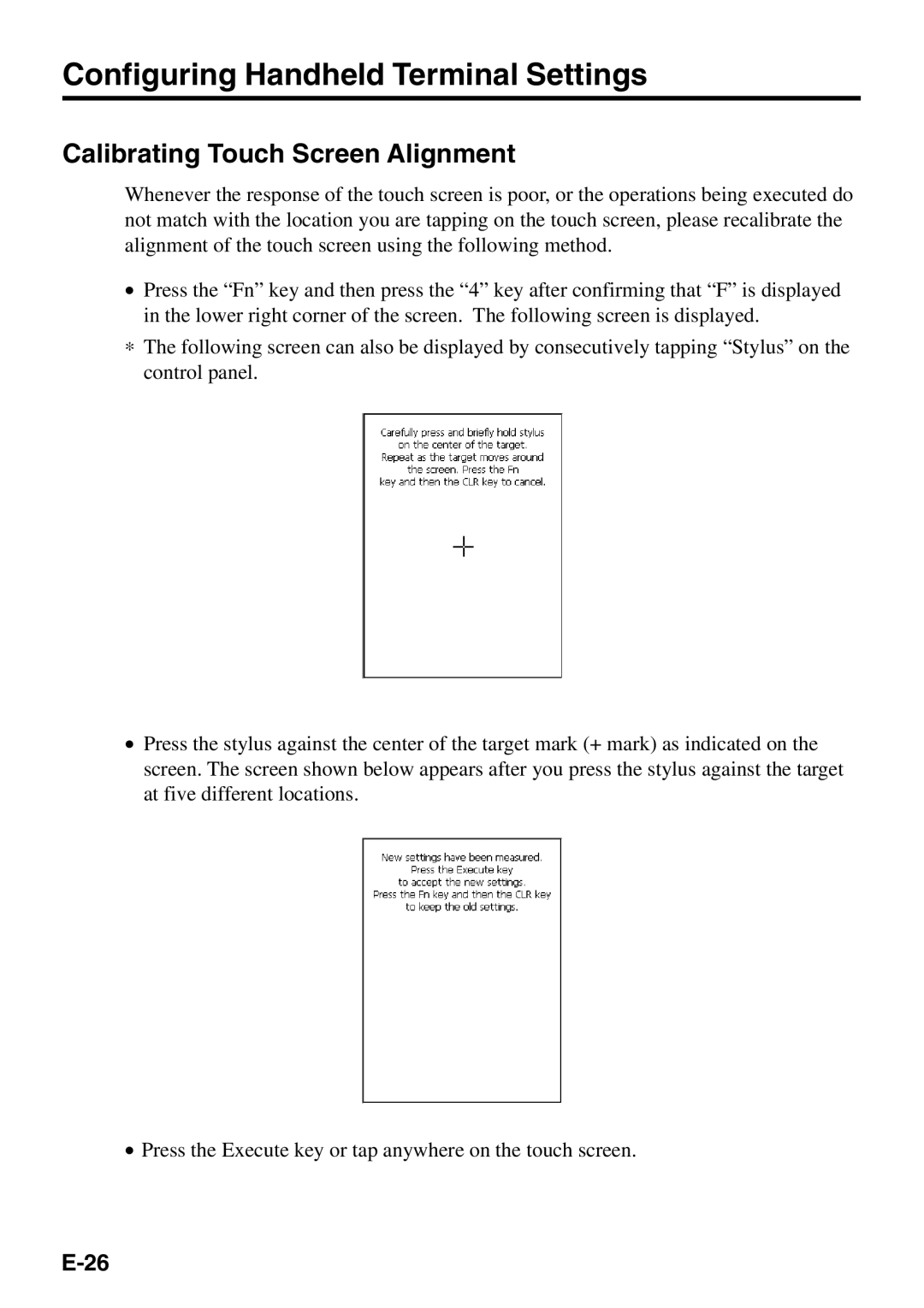 Casio IT-500 manual Configuring Handheld Terminal Settings, Calibrating Touch Screen Alignment 