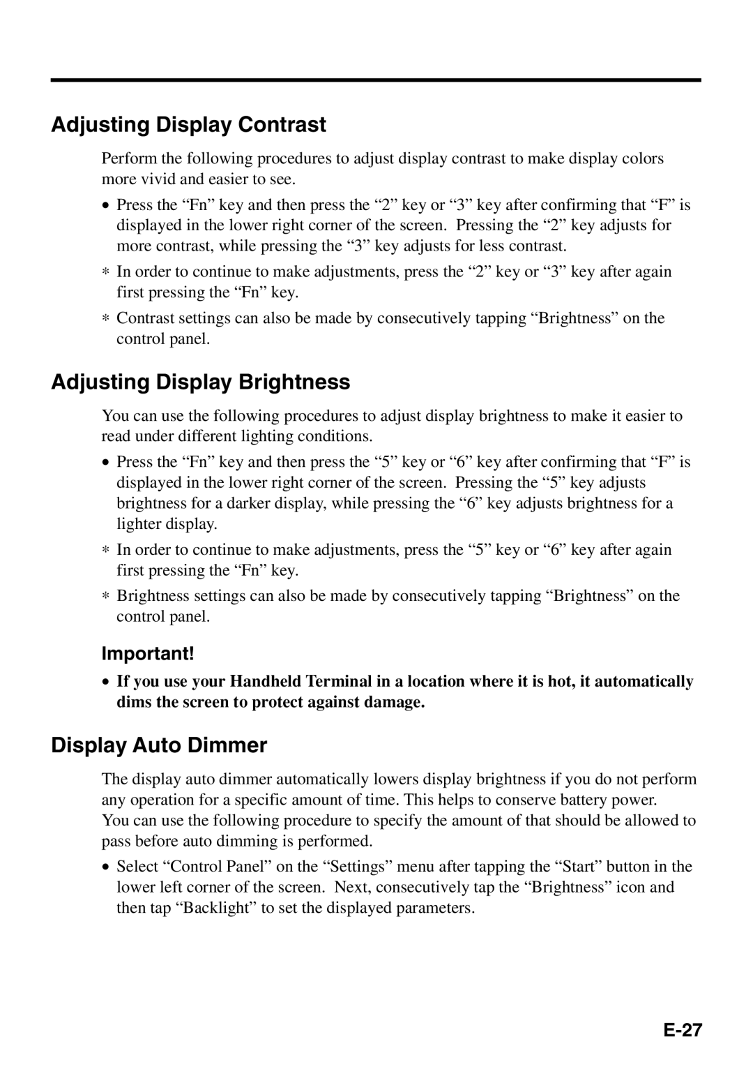 Casio IT-500 manual Adjusting Display Contrast, Adjusting Display Brightness, Display Auto Dimmer 