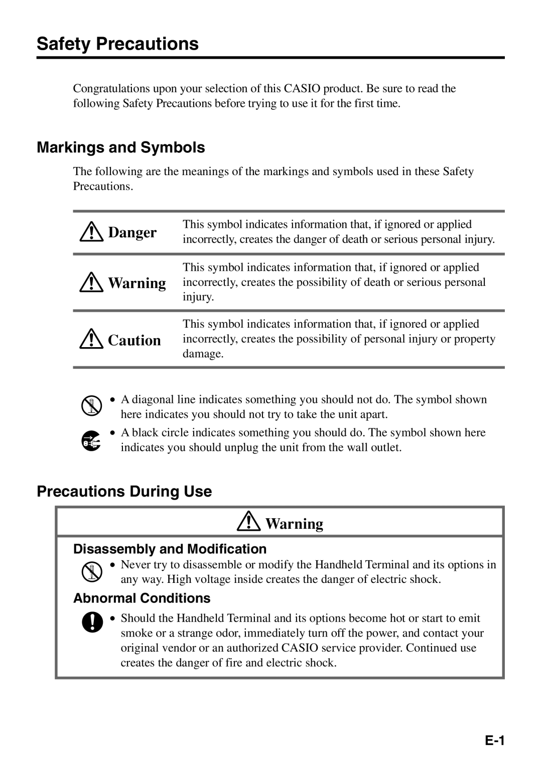 Casio IT-500 manual Safety Precautions, Markings and Symbols, Precautions During Use, Disassembly and Modification 