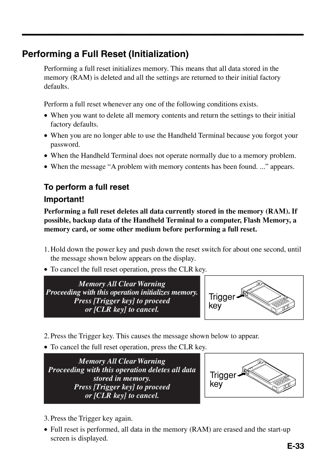 Casio IT-500 manual Performing a Full Reset Initialization, To perform a full reset 