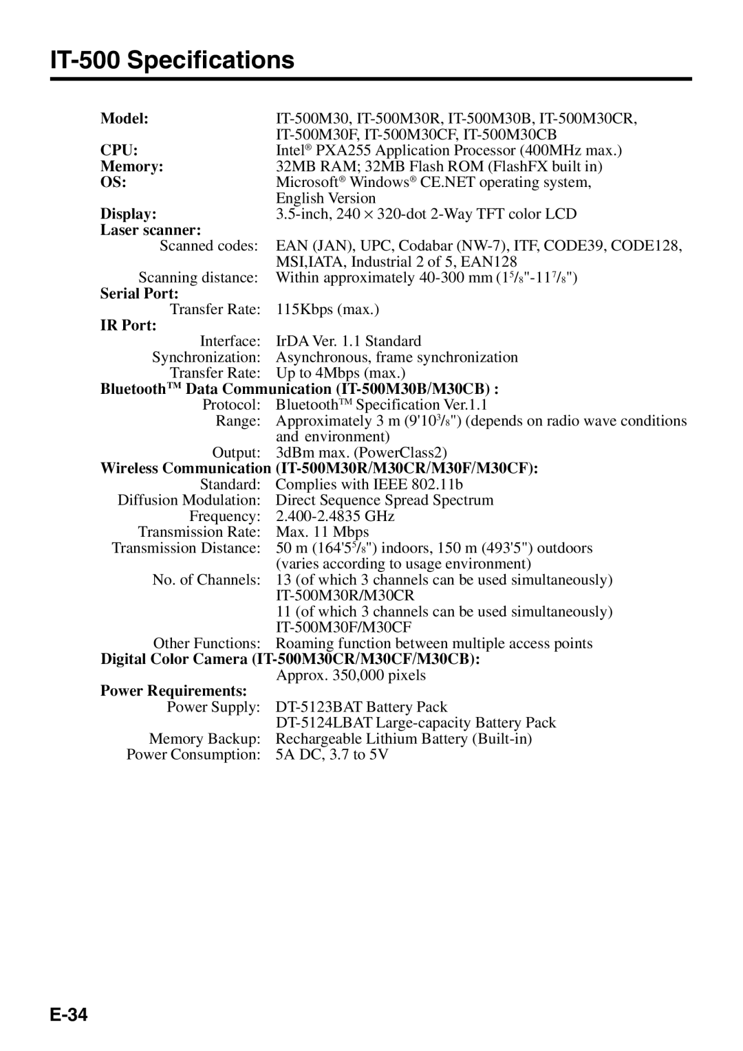 Casio manual IT-500 Specifications, Cpu 