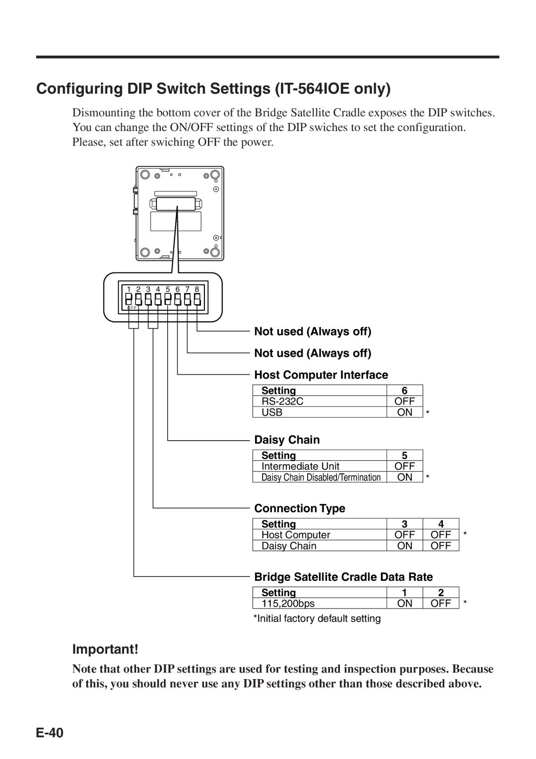 Casio IT-500 manual Configuring DIP Switch Settings IT-564IOE only 