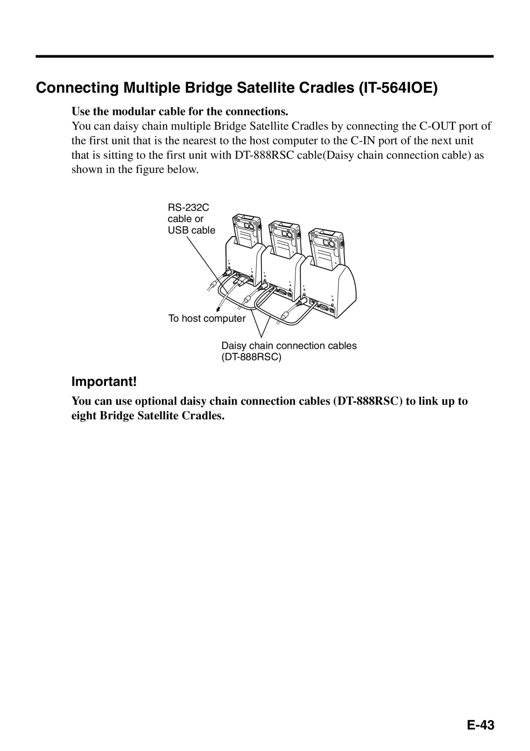 Casio IT-500 manual Connecting Multiple Bridge Satellite Cradles IT-564IOE, Use the modular cable for the connections 