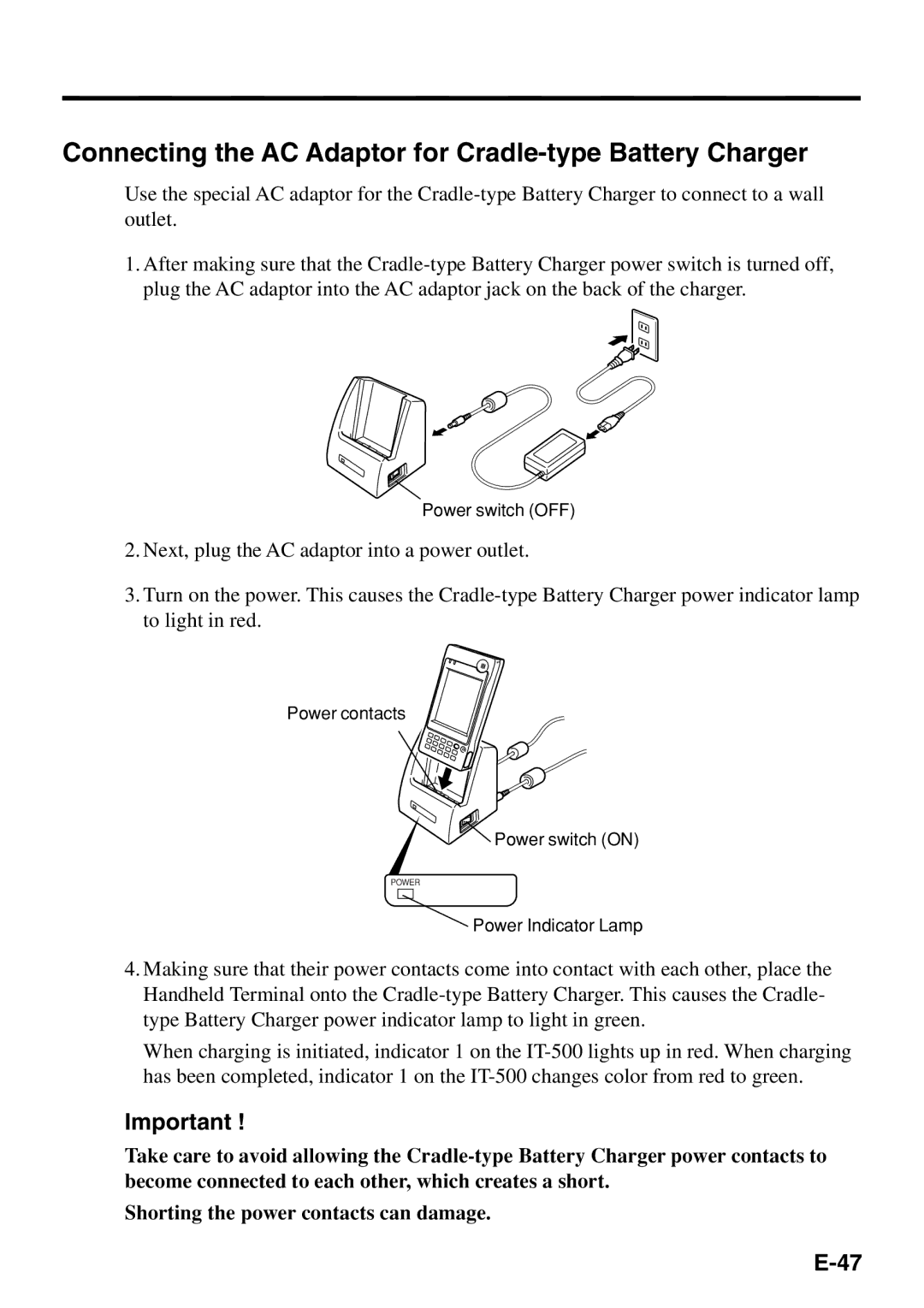 Casio IT-500 manual Connecting the AC Adaptor for Cradle-type Battery Charger 