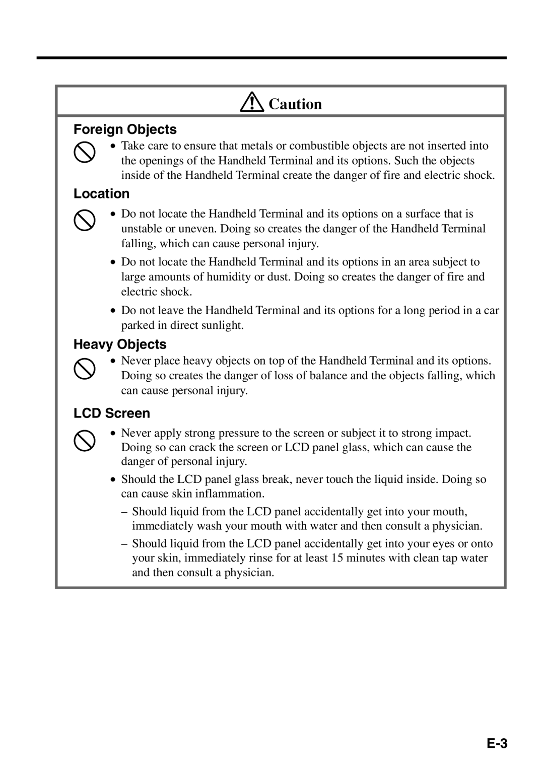 Casio IT-500 manual Location, Heavy Objects, LCD Screen 