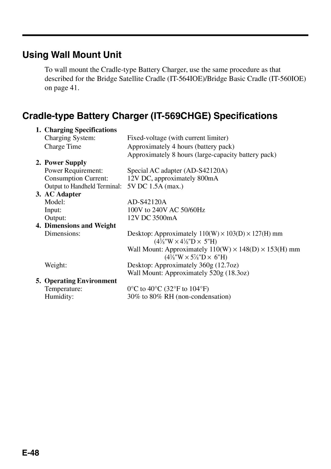 Casio IT-500 manual Cradle-type Battery Charger IT-569CHGE Specifications, Charging Specifications 