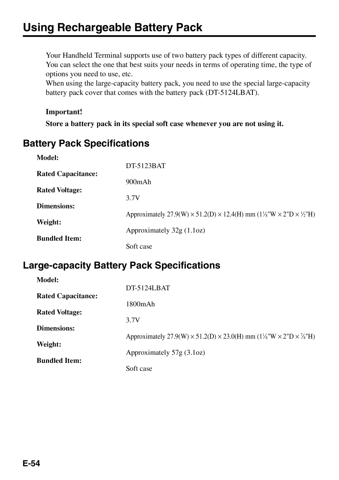 Casio IT-500 manual Using Rechargeable Battery Pack, Large-capacity Battery Pack Specifications 