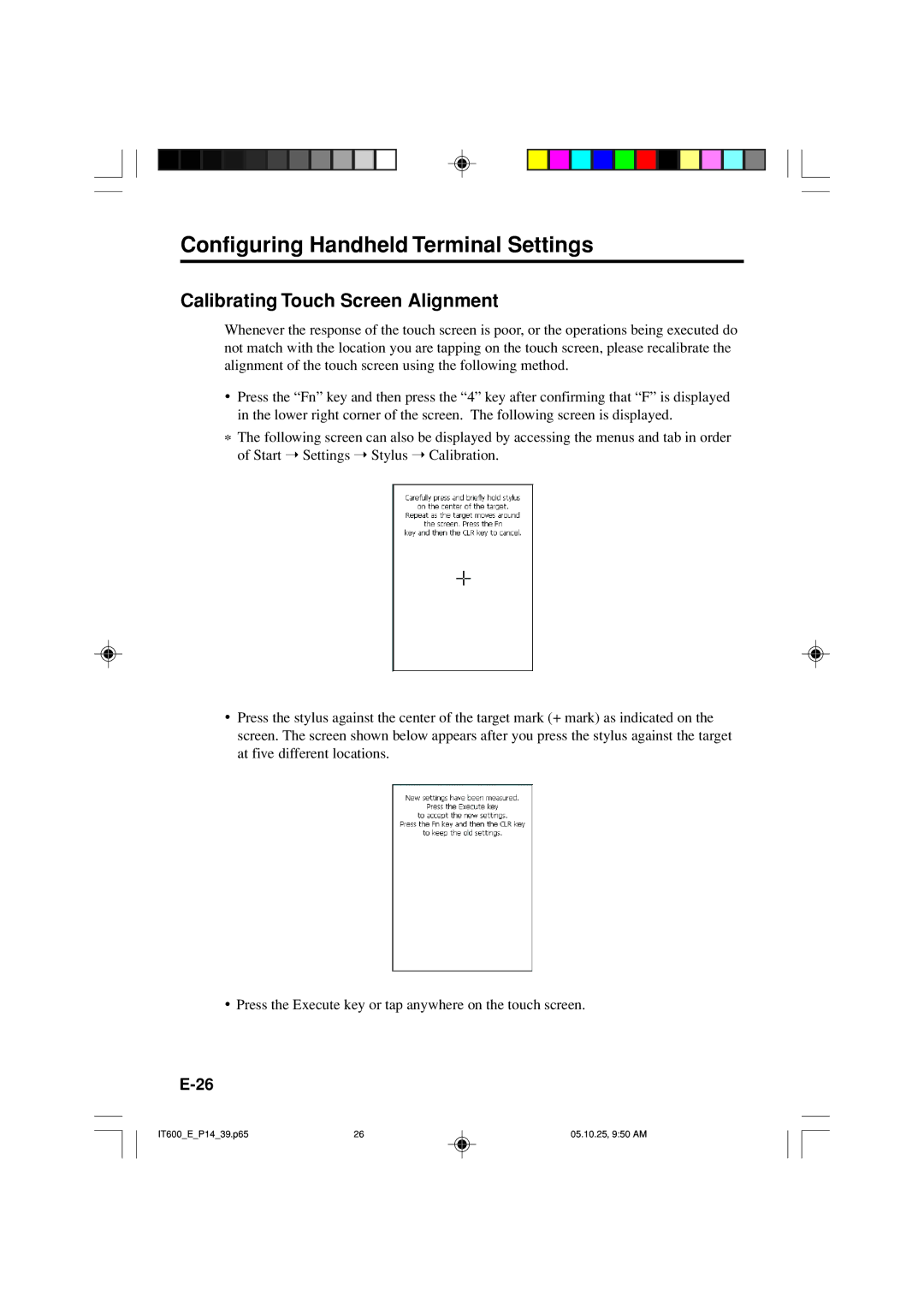 Casio IT-600 manual Configuring Handheld Terminal Settings, Calibrating Touch Screen Alignment 