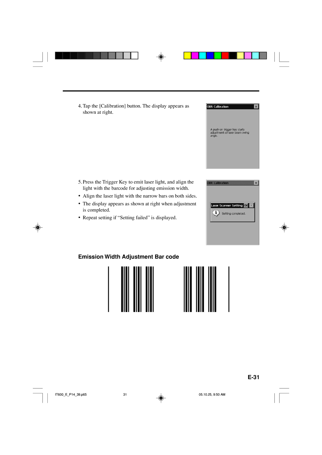 Casio IT-600 manual Emission Width Adjustment Bar code 