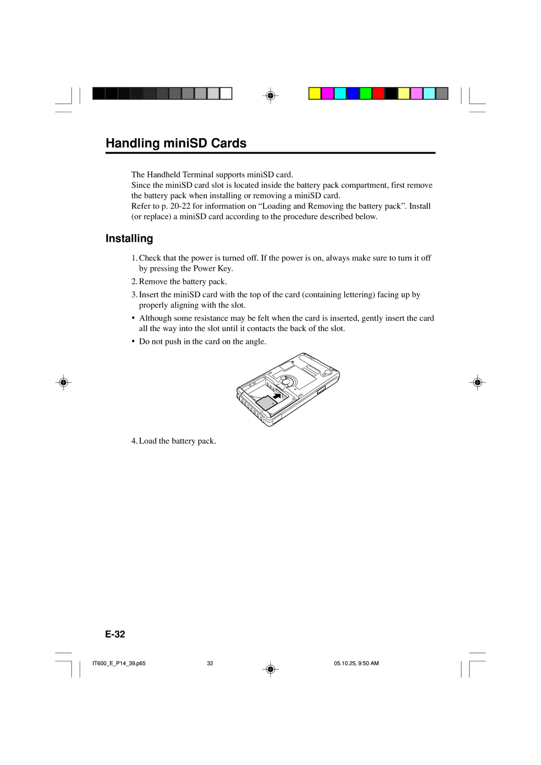 Casio IT-600 manual Handling miniSD Cards, Installing 