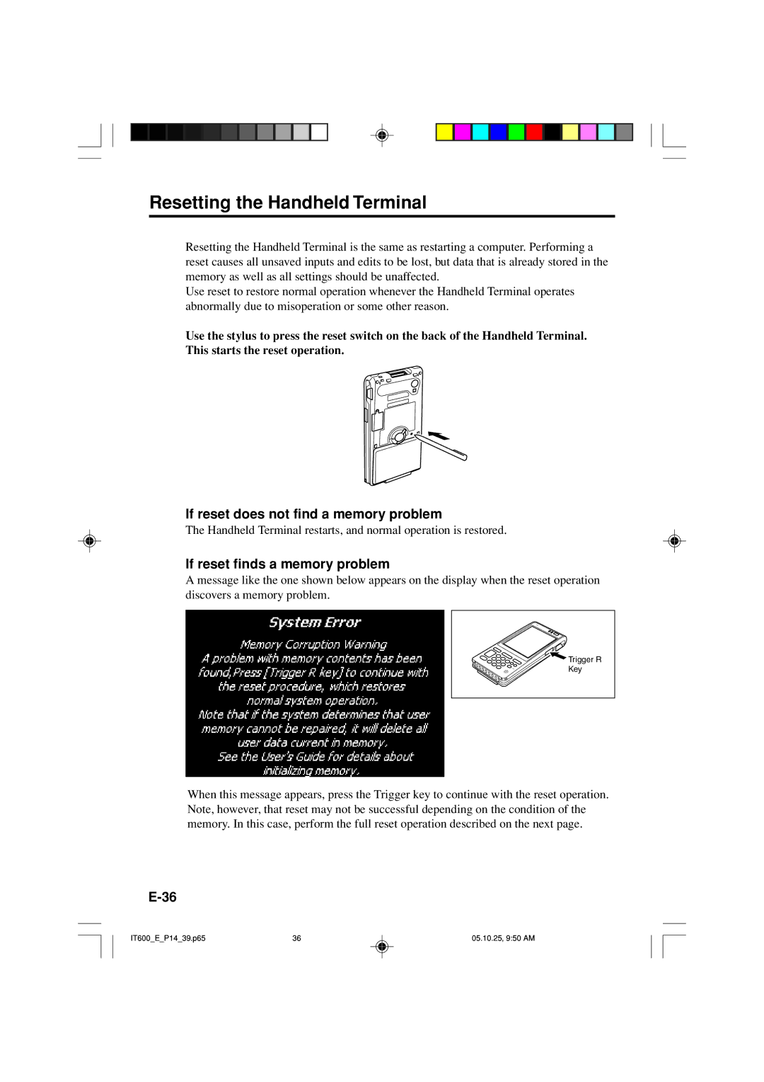 Casio IT-600 Resetting the Handheld Terminal, If reset does not find a memory problem, If reset finds a memory problem 