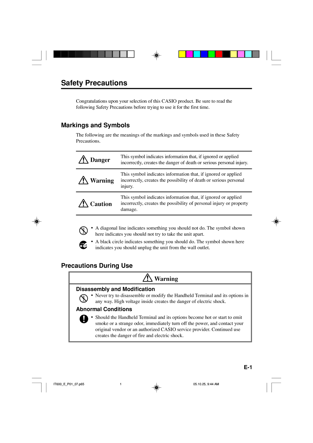 Casio IT-600 manual Safety Precautions, Markings and Symbols, Precautions During Use, Disassembly and Modification 