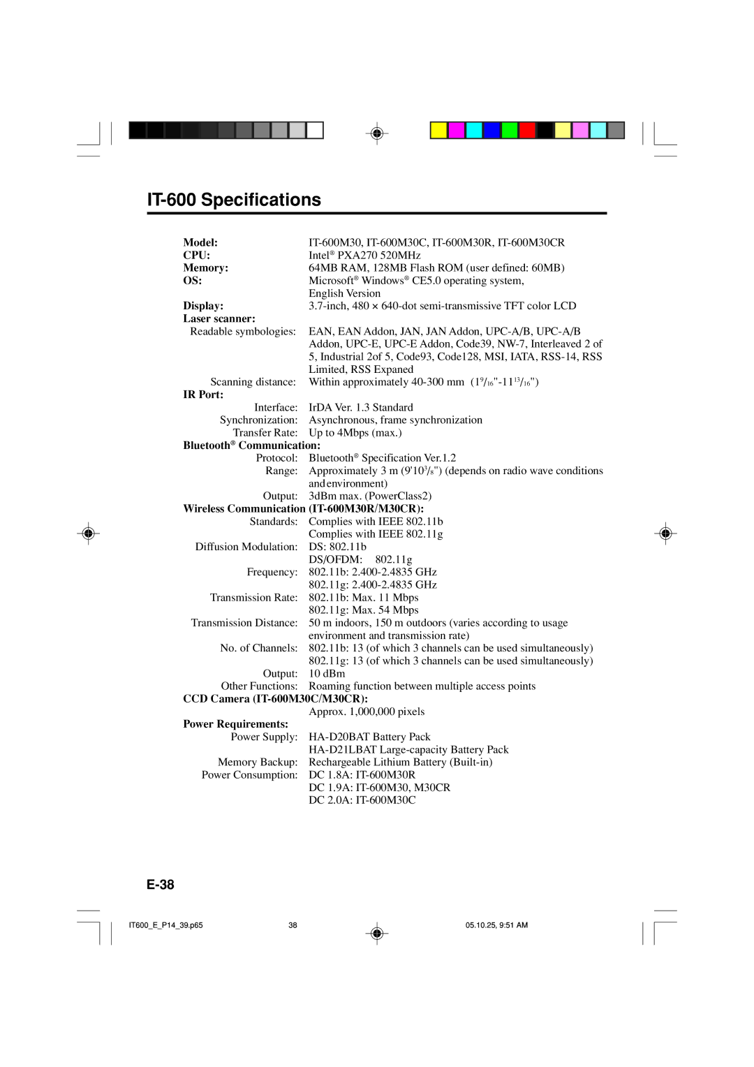 Casio manual IT-600 Specifications, Cpu 