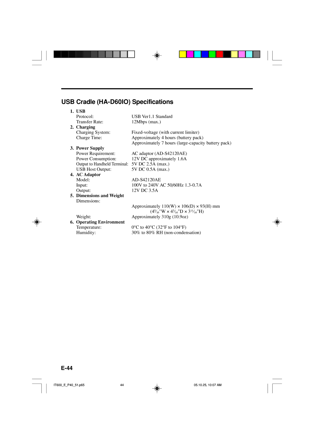 Casio IT-600 manual USB Cradle HA-D60IO Specifications, Usb 