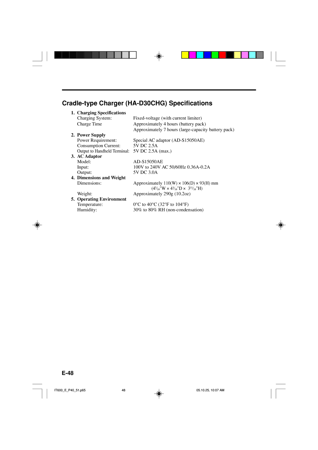 Casio IT-600 manual Cradle-type Charger HA-D30CHG Specifications, Charging Specifications 