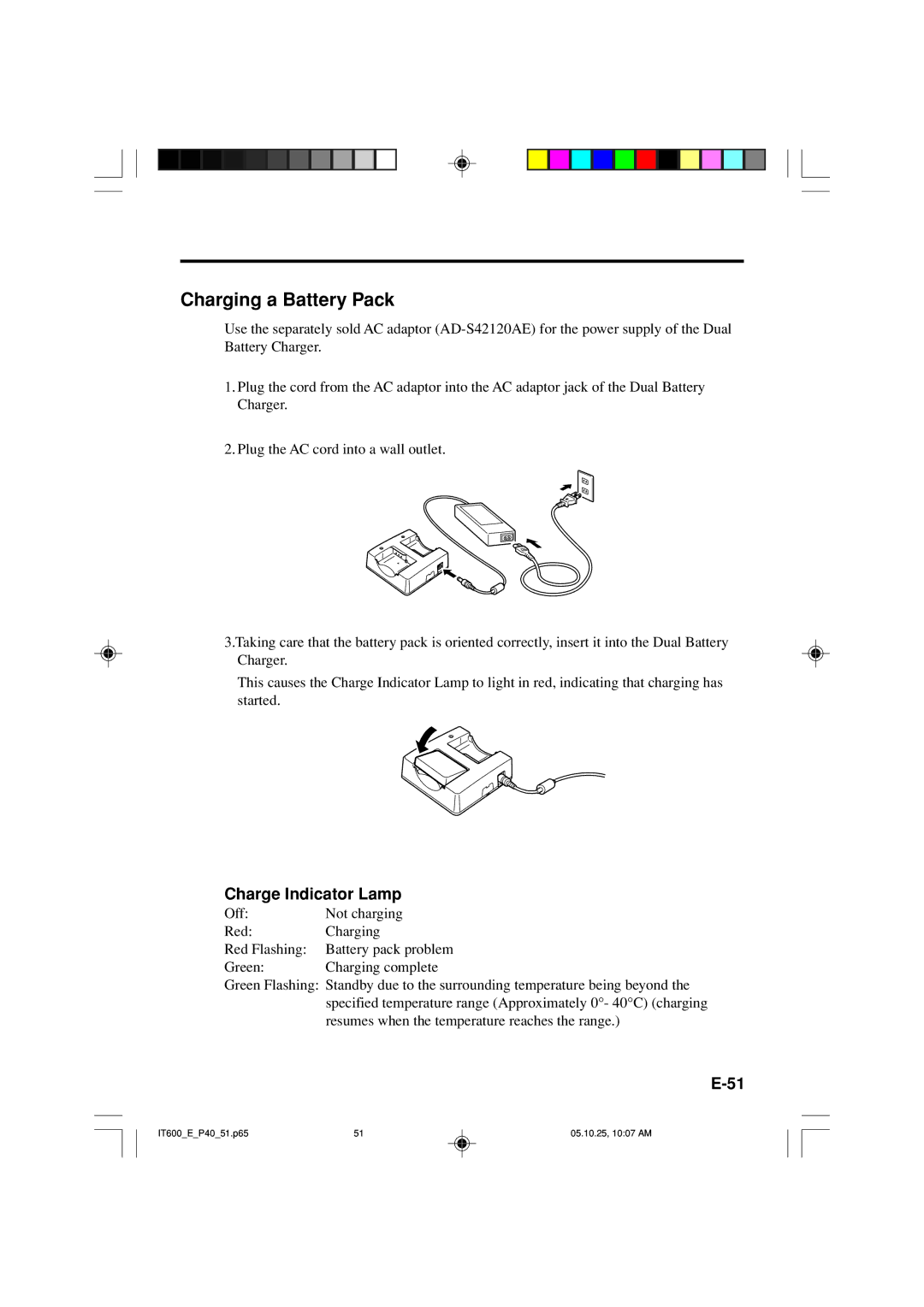 Casio IT-600 manual Charging a Battery Pack, Charge Indicator Lamp 