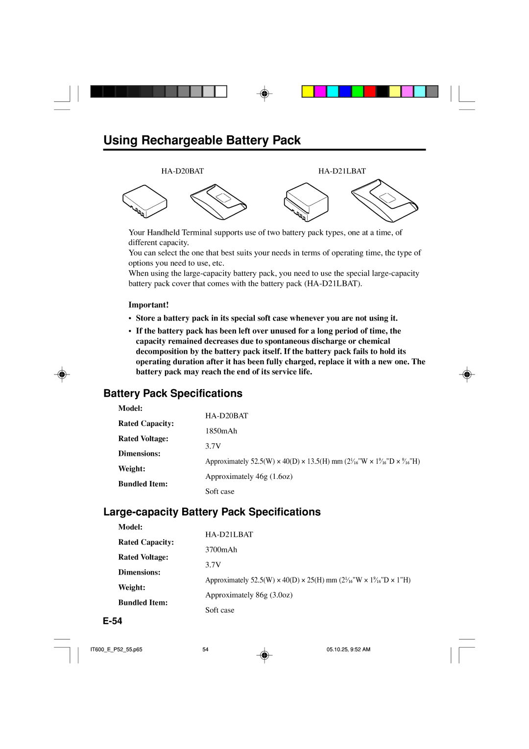 Casio IT-600 manual Using Rechargeable Battery Pack, Large-capacity Battery Pack Specifications 