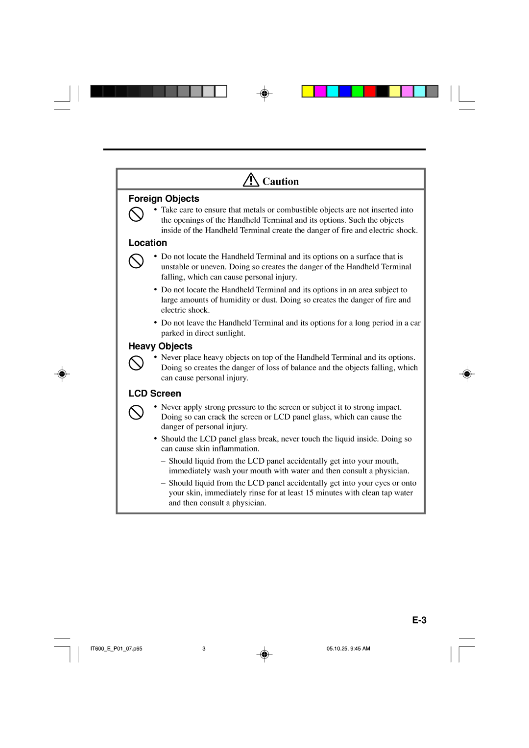 Casio IT-600 manual Location, Heavy Objects, LCD Screen 