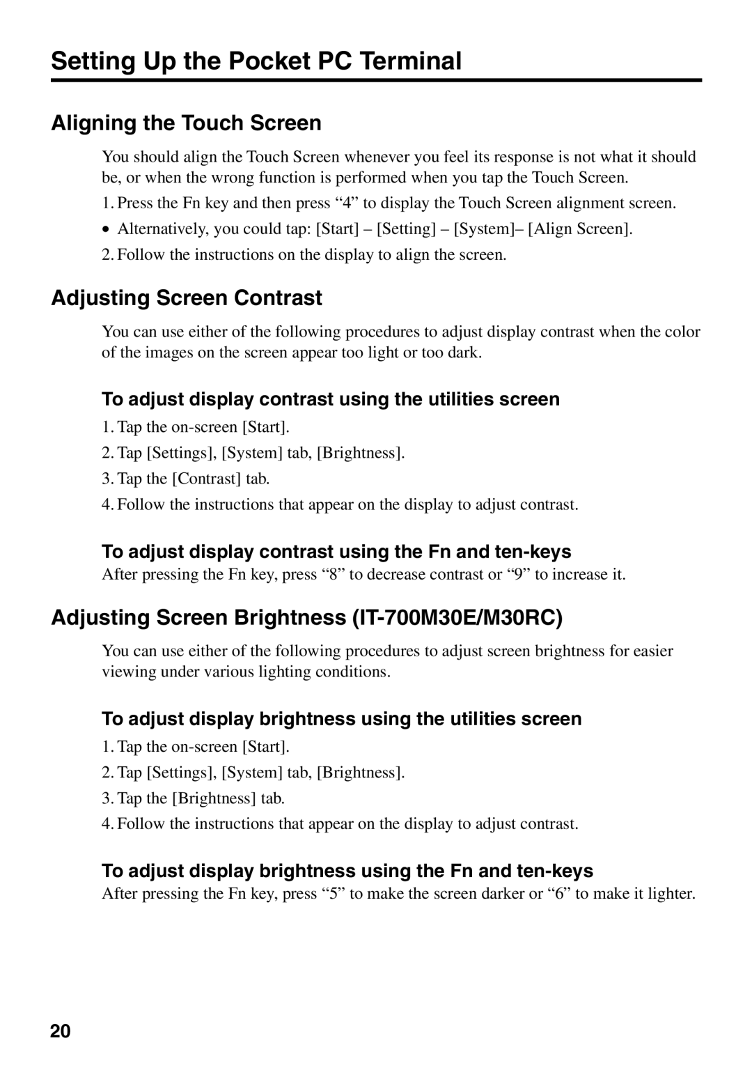 Casio IT-700/70 manual Setting Up the Pocket PC Terminal, Aligning the Touch Screen, Adjusting Screen Contrast 