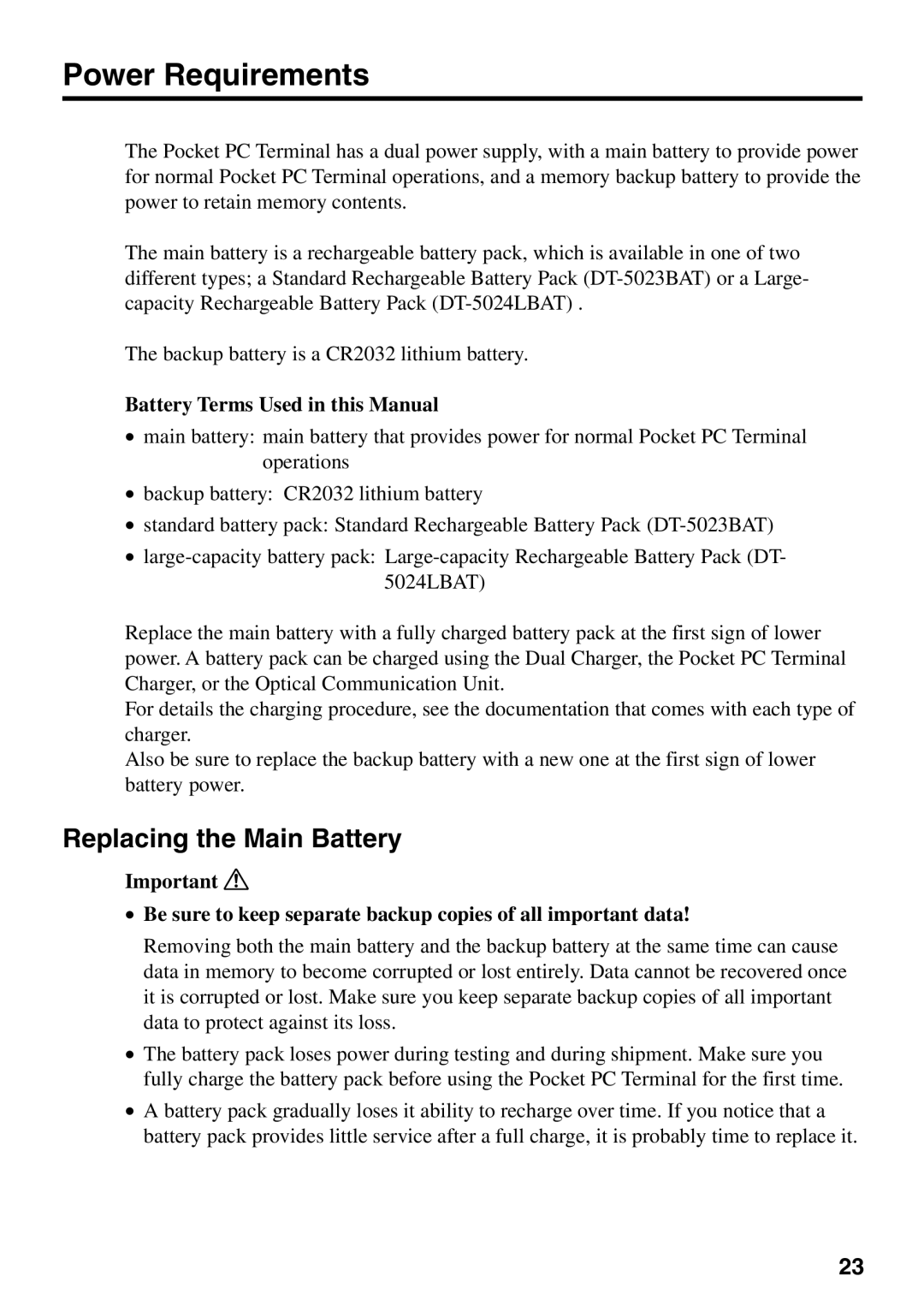 Casio IT-700/70 manual Power Requirements, Replacing the Main Battery 