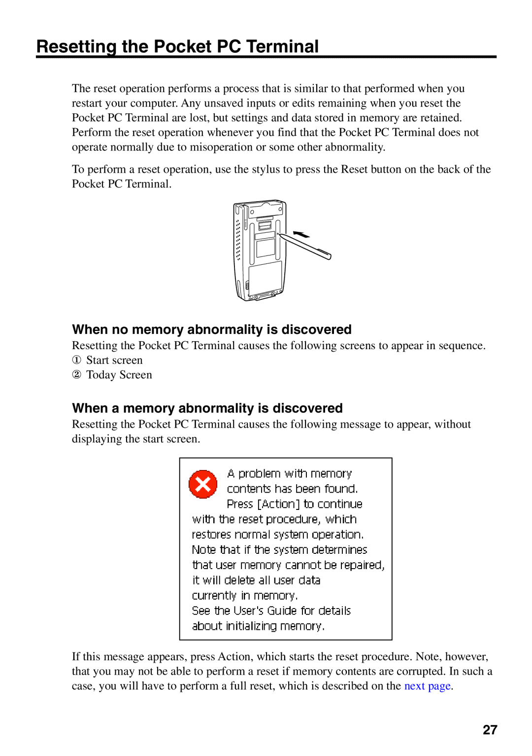 Casio IT-700/70 manual Resetting the Pocket PC Terminal, When no memory abnormality is discovered 