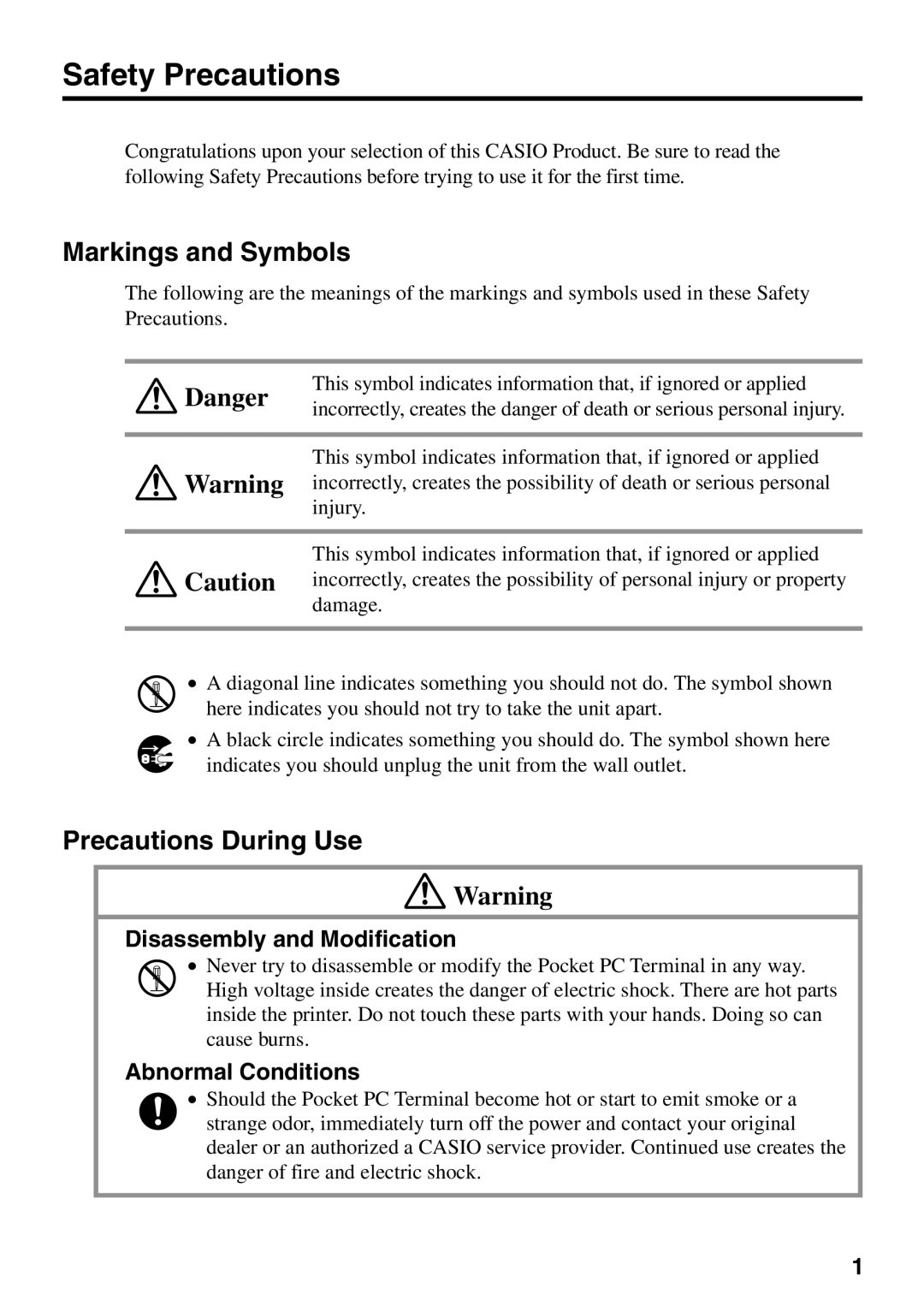 Casio IT-700/70 manual Safety Precautions, Markings and Symbols, Precautions During Use, Disassembly and Modification 