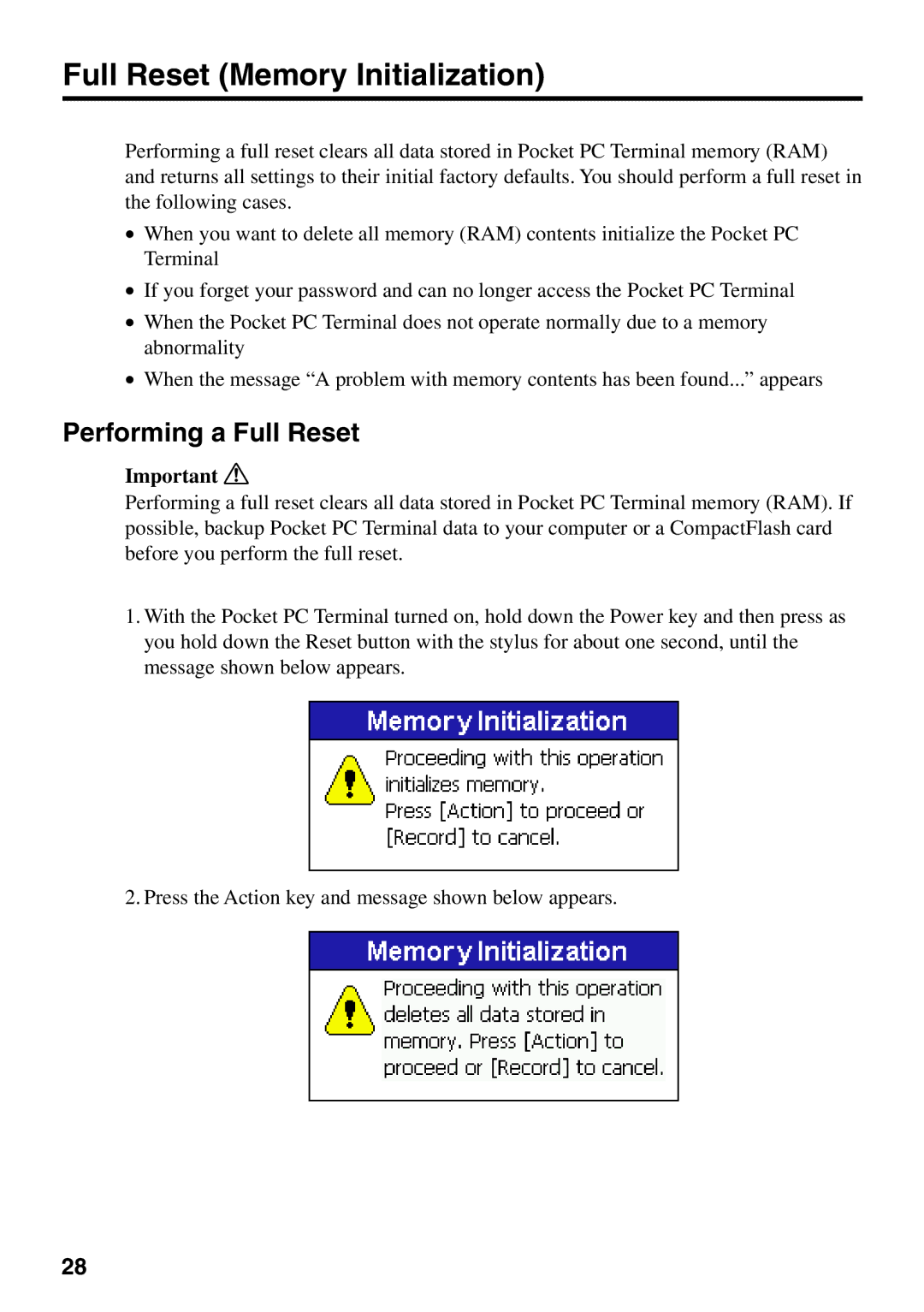 Casio IT-700/70 manual Full Reset Memory Initialization, Performing a Full Reset 