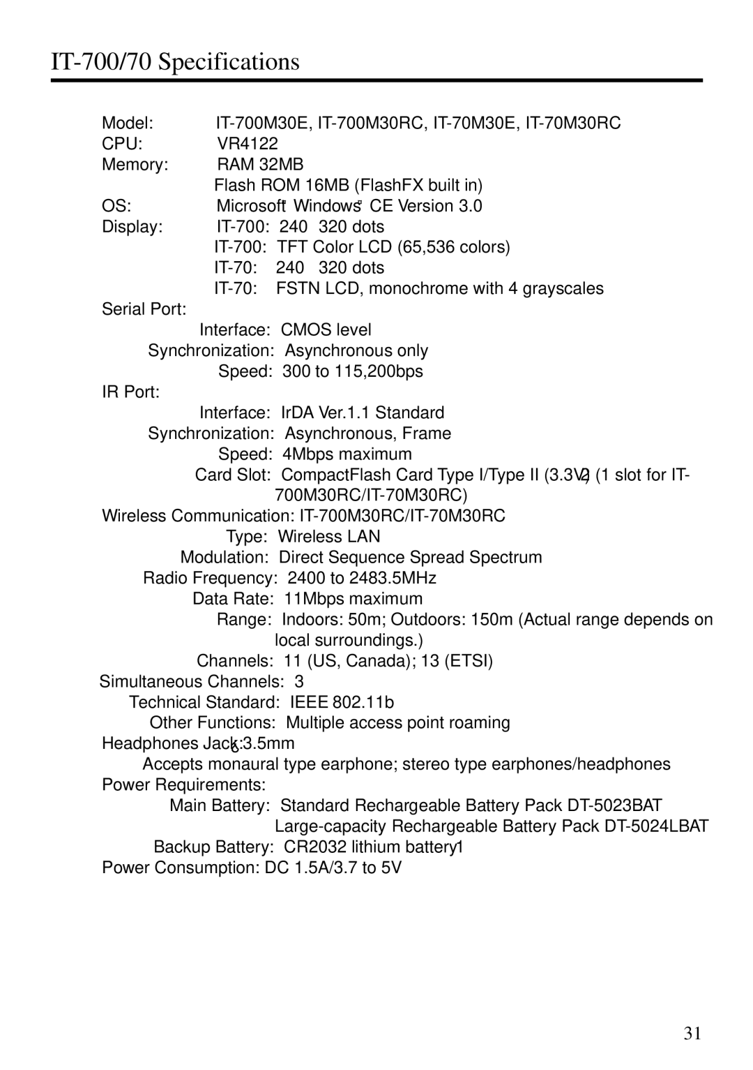 Casio manual IT-700/70 Specifications, RAM 32MB 