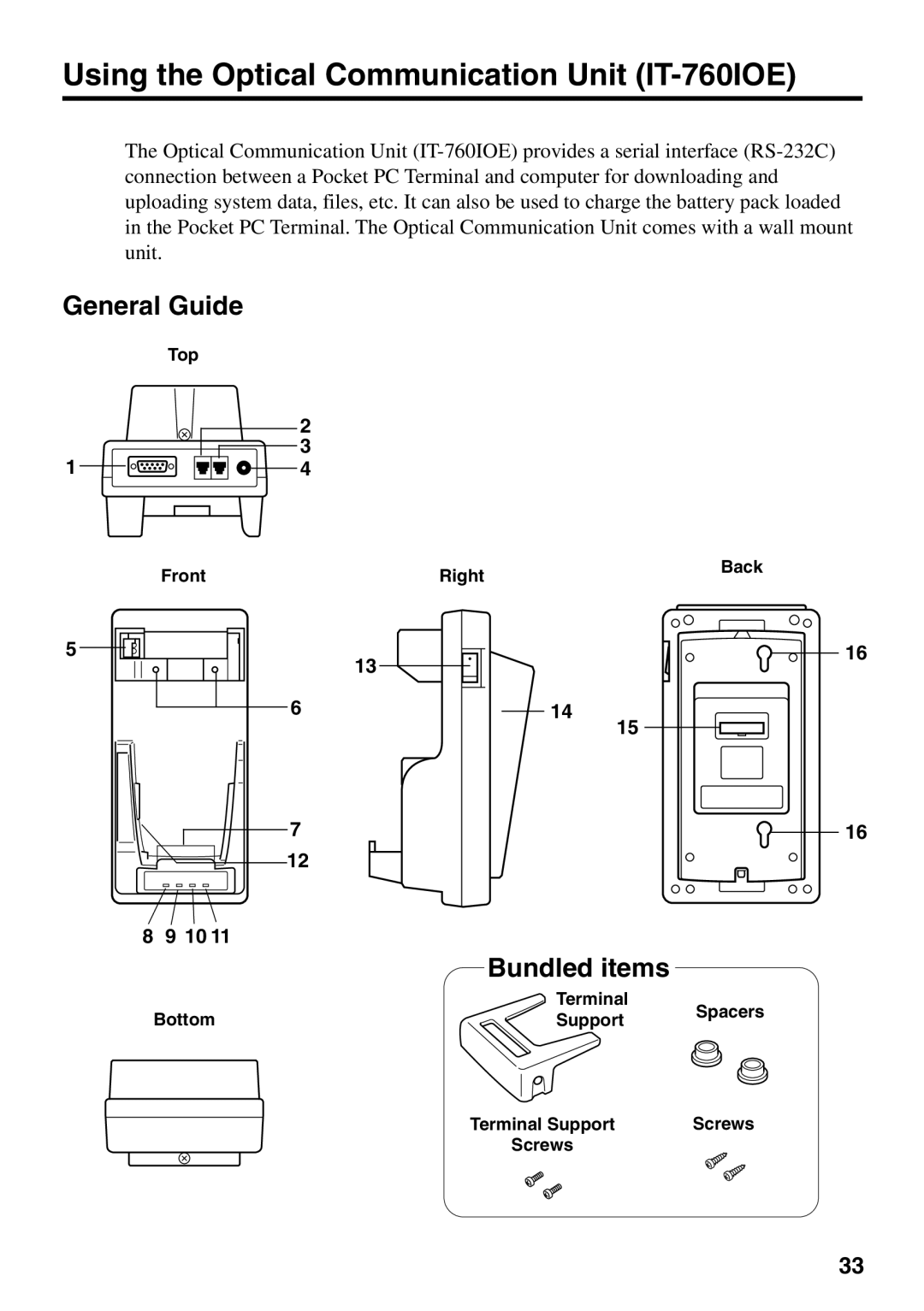 Casio IT-700/70 manual Using the Optical Communication Unit IT-760IOE, General Guide, Bundled items 