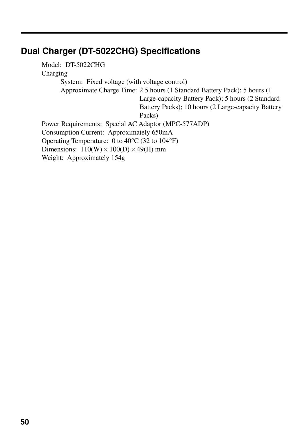 Casio IT-700/70 manual Dual Charger DT-5022CHG Specifications 