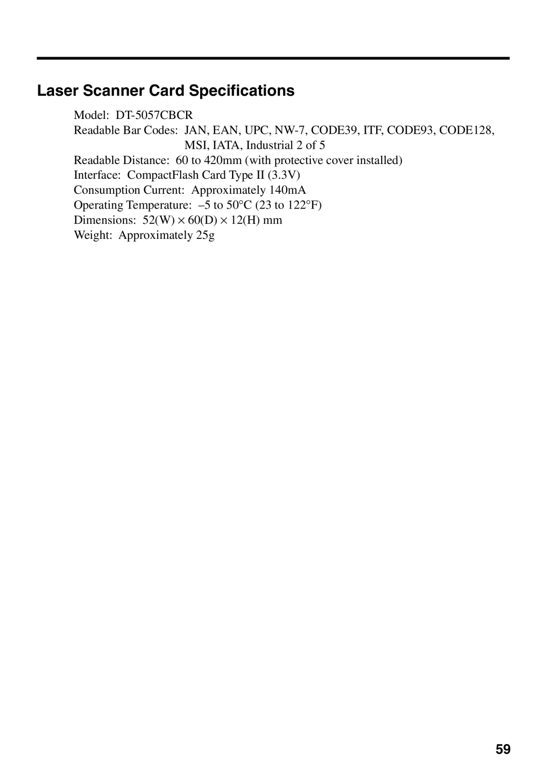 Casio IT-700/70 manual Laser Scanner Card Specifications 